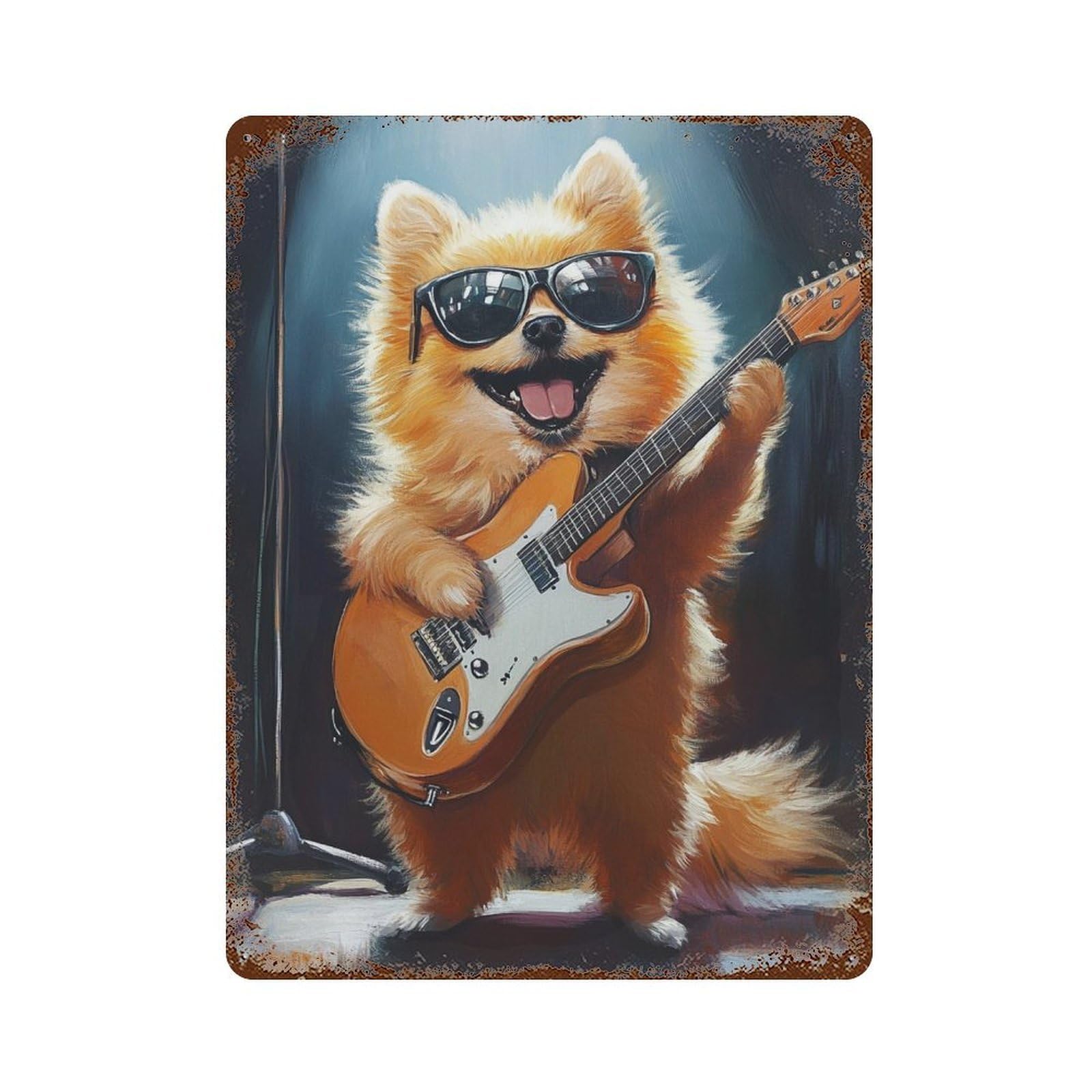 Pomeranian Playing Guitar-3 Rusty Metal Tin Sign 15.7"x11.8", for Pub, Kitchen And Man Cave Decor, Novelty Wall Decor