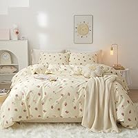 Vista 1 de VM VOUGEMARKET Linda funda de edredón de fresa tamaño matrimonial, juego de ropa de cama de frutas 3 piezas, funda de colcha de algodón color crema