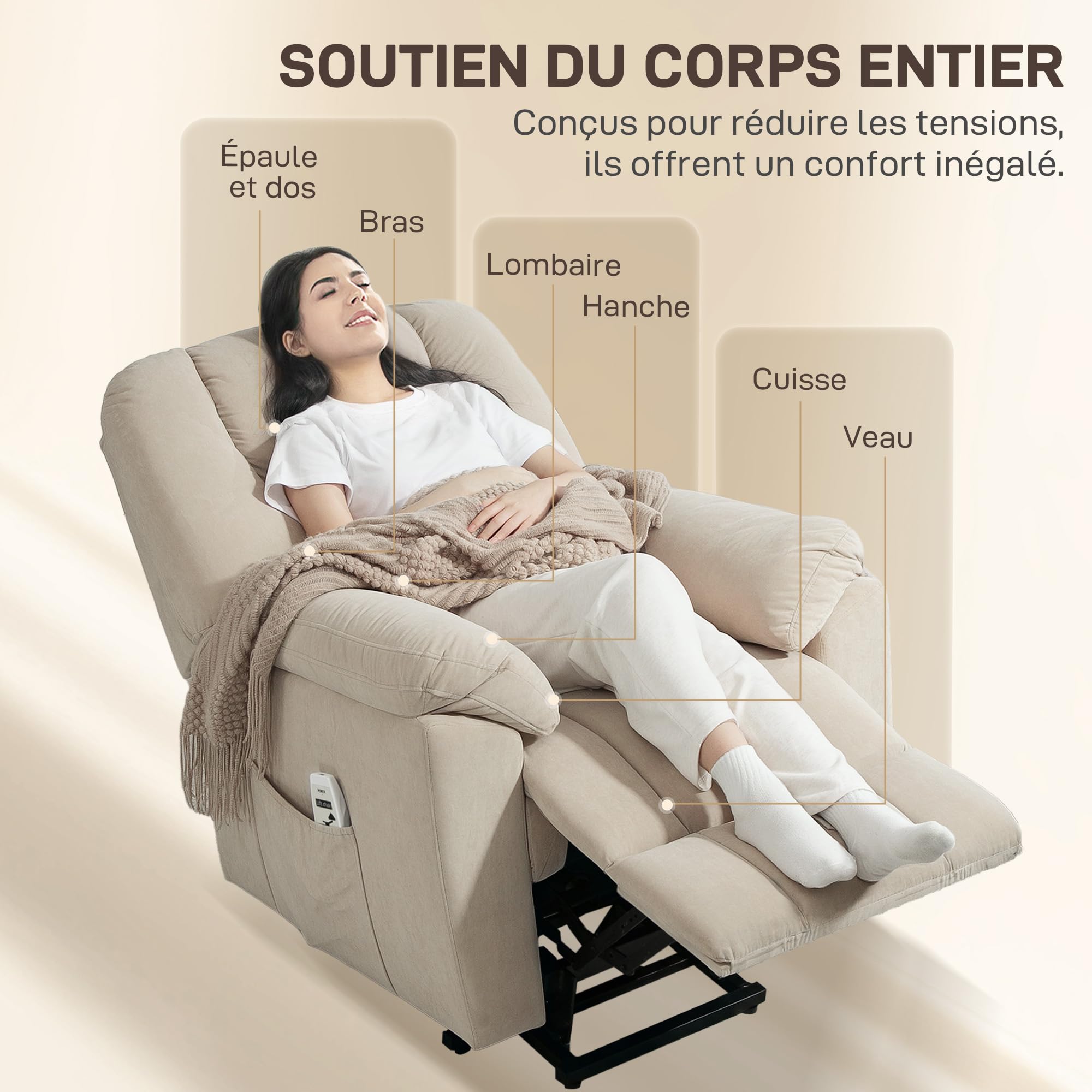 HOMCOM Fauteuil releveur électrique avec fonction massage et chauffage, fauteuil relax électrique en velours, dossier inclinable, ports USB, télécommande, fauteuil relaxant pour personnes âgées, beige