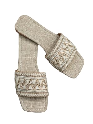 GORGLITTER Womens Boho Braided Flat Sandals Embroidered Square Open Toe Slip on Slide Summer Beach Vacation Shoe trendy