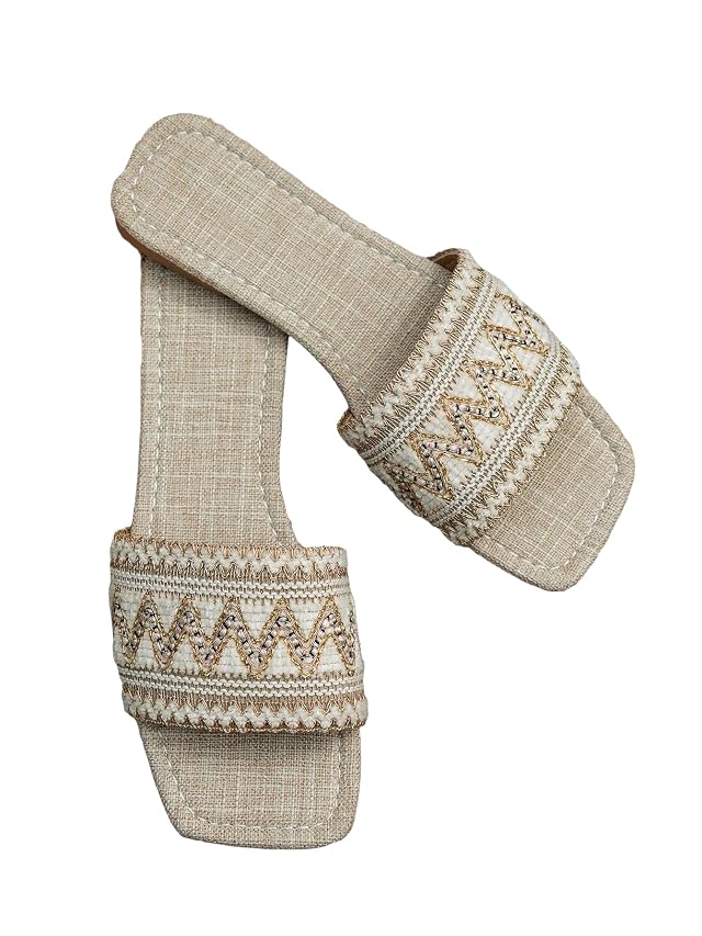 GORGLITTER Womens Boho Braided Flat Sandals Embroidered Square Open Toe Slip on Slide Summer Beach Vacation Shoe trendy