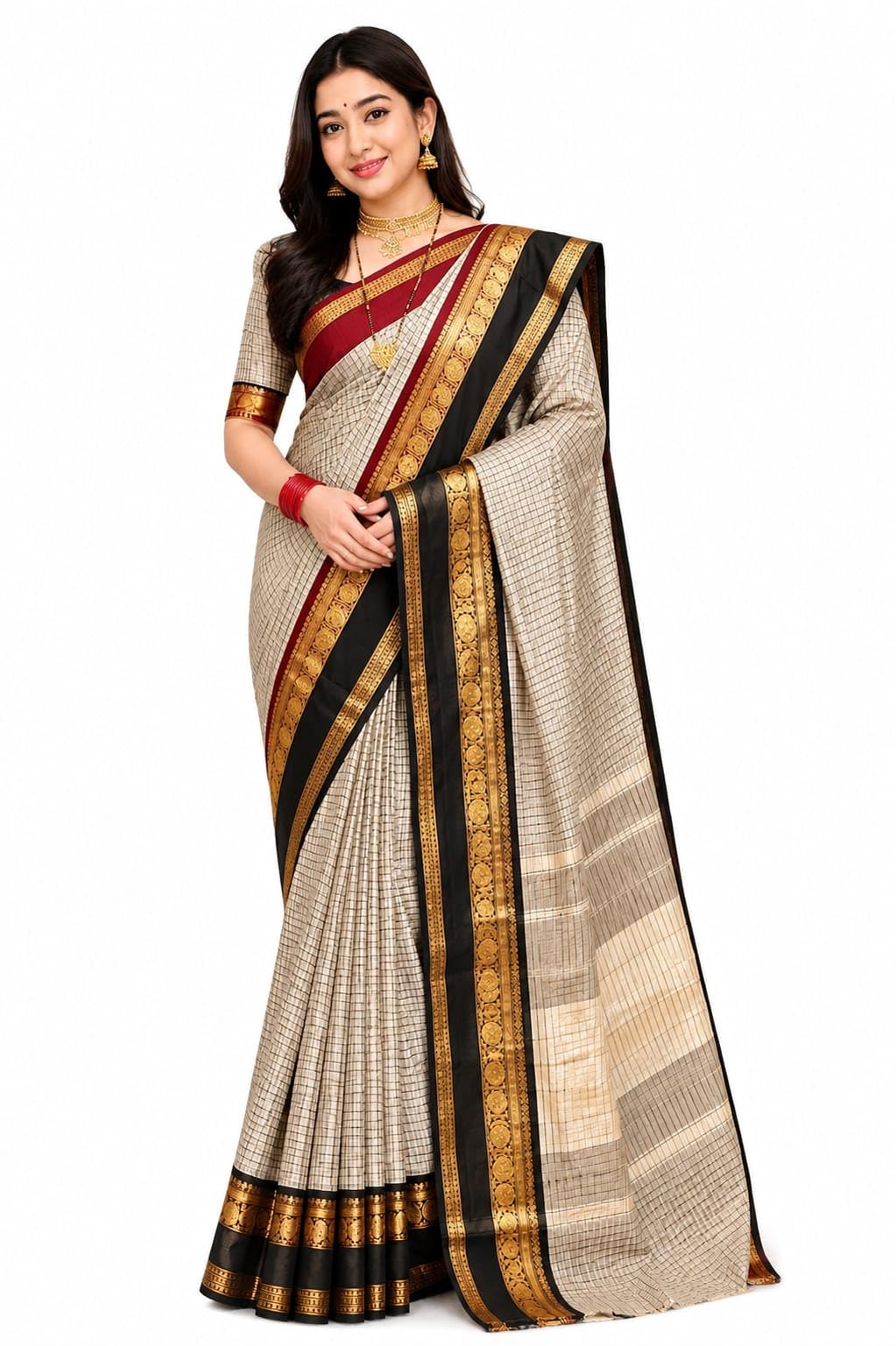 Silk Saree with Check Pattern, Cream with Black & Red Border-image-22