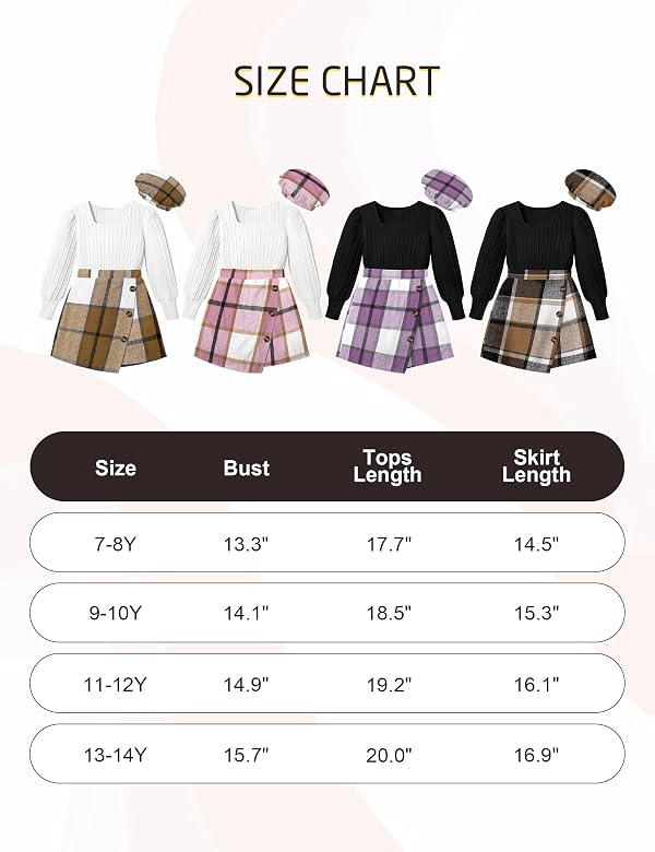 AGAPENG Girls Clothes Size 12-14 Girls Outfits Skirts Square Neck Black Jacquard Puff Long Sleeve Tops Brown Plaid Mini Skirt Sets Shorts Fall Dresses Thanksgiving Outfits 13-14 Year Old Teen Girls by AGAPENG - Image 8