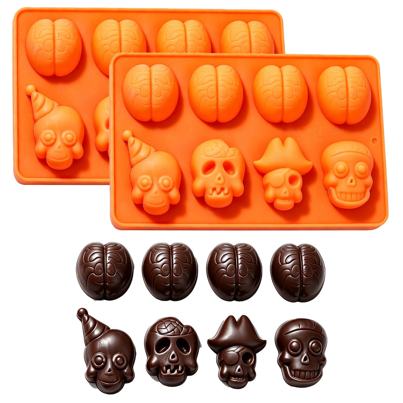 2 Pack Halloween Silicone Molds, Pumpkin Skull Ghost Chocolate Candy Mold (Brain Skull)