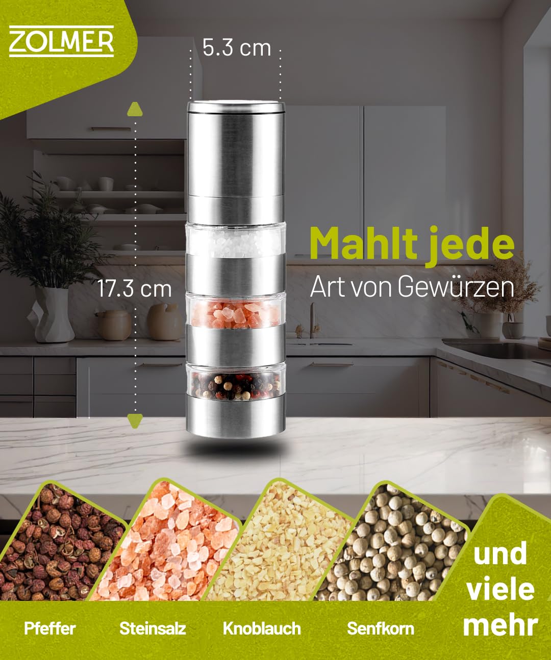 Modulare Salz und pfeffermühle 2 in 1 mit 3 Kammern – Edelstahl Salz Pfeffer Mühle & Gewürzmühle - Pfeffer- und Salzmühle, nachfüllbar & modern