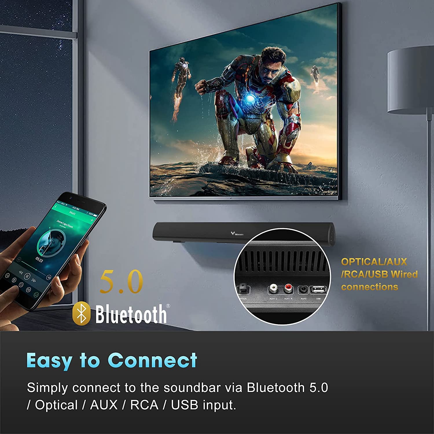 Zeerkeer Soundbar 2.0 Kanäle, Bluetooth Lautsprecher mit Kabel und kabellos Stereo Lautsprecher mit Fernbedienung Soundbar Home Cinema kompatibel für Handy, TV, Tablet, RCA/AUX