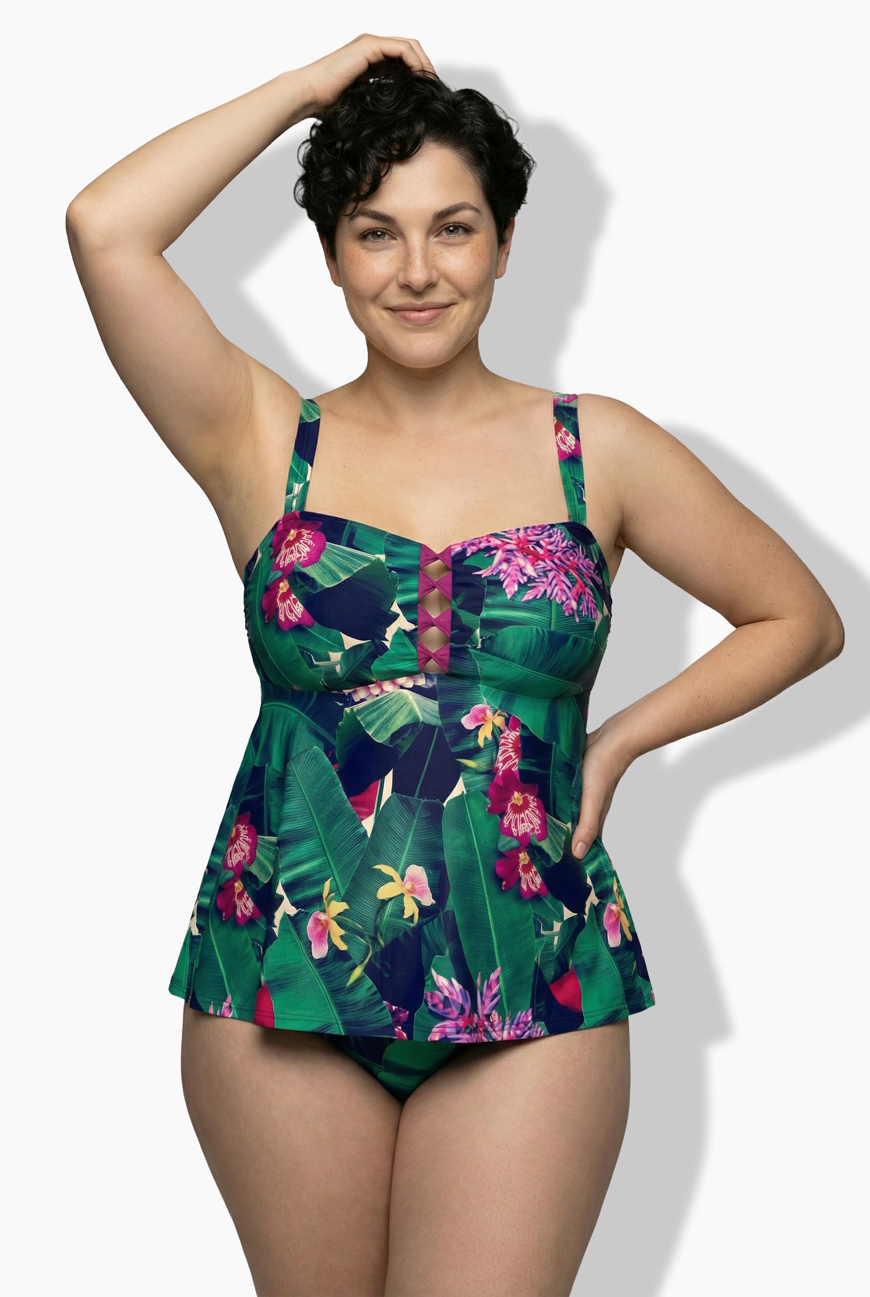 Ulla Popken Femme Grandes Tailles Tankini à Fleurs, Bonnets Souples et Bretelles réglables, matière recyclée 849154