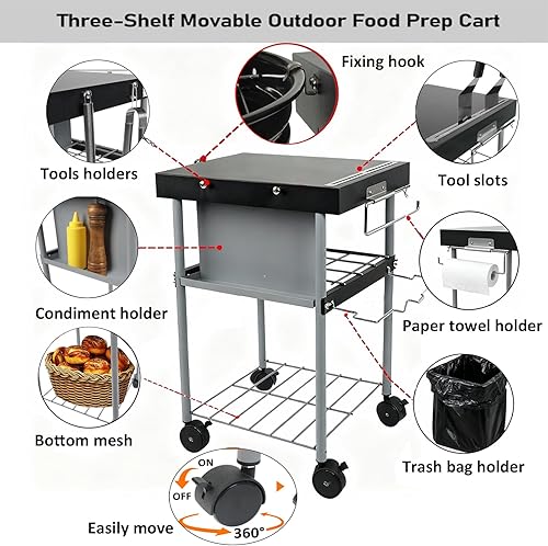 Miniatura 3 de Carrito de mesa auxiliar con ruedas para parrillas Weber de carbón de 18/22 pulgadas, soporte de preparación al aire libre con ruedas, estantes