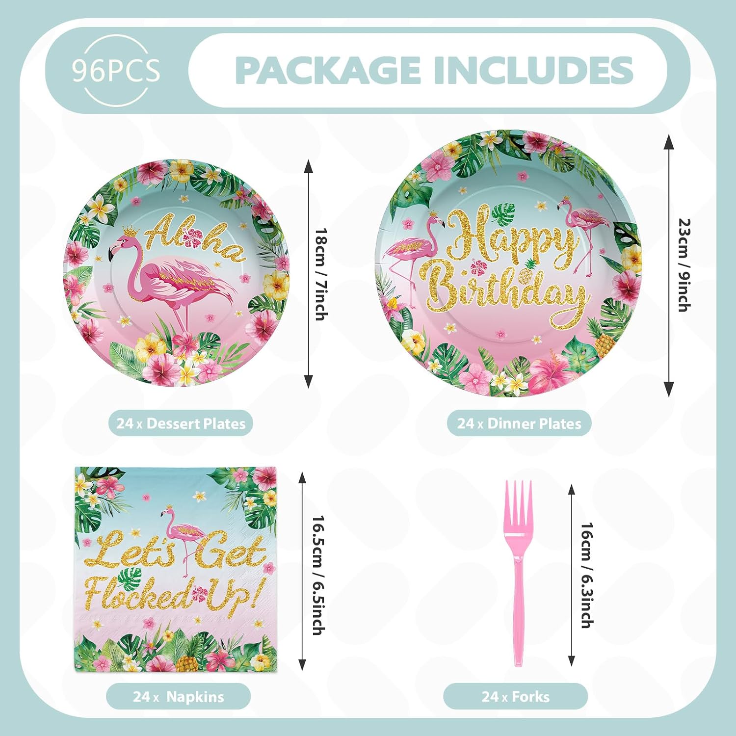 Grencian 96 Pcs Flamingo Birthday Party Supplies Disposable Flamingo Plates Napkins Forks Tableware Set Luau Tropical Hawaiian Party Decor for Summer Girls Kids Birthday Party Serves 24