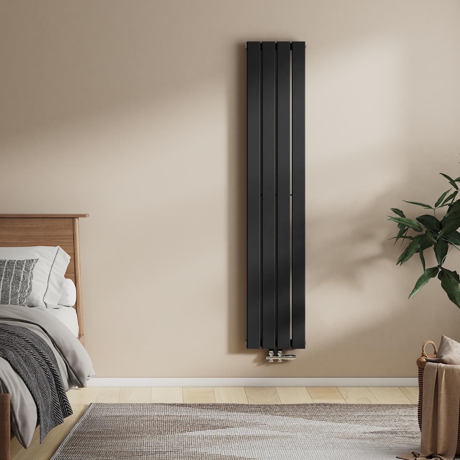 EMKE Radiador Compacto Vertical 1800x300 mm, Estrecho y Alto para Baño, Panel Plano Mural, Conexión Central, Diseño Elegante, 627 Vatios, Negro