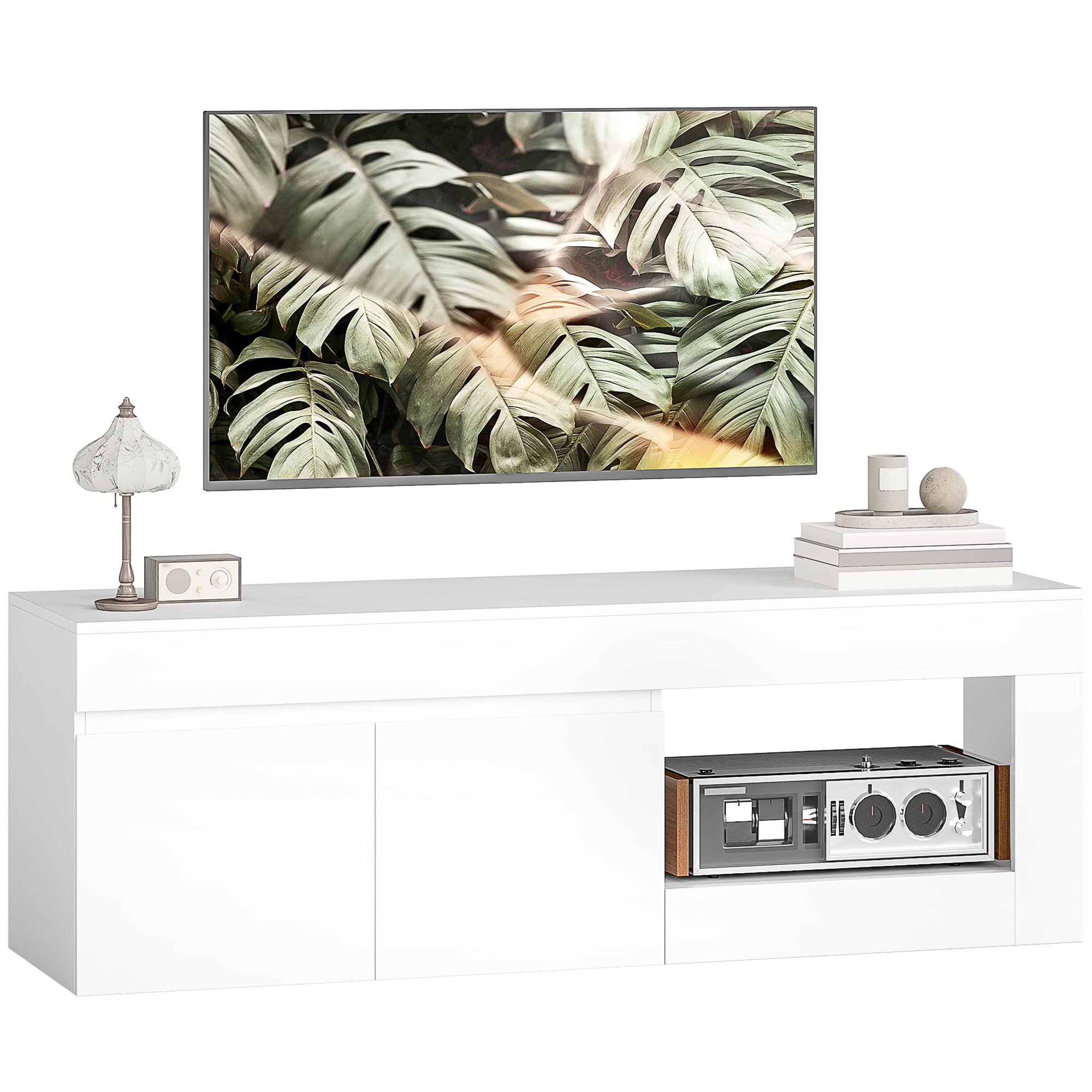 HOMCOM Mueble de TV Moderno con 2 Puertas 140x40x48 cm Blanco | Mesa de TV para Salón, Estante Abierto, para Televisión 60 Pulgadas