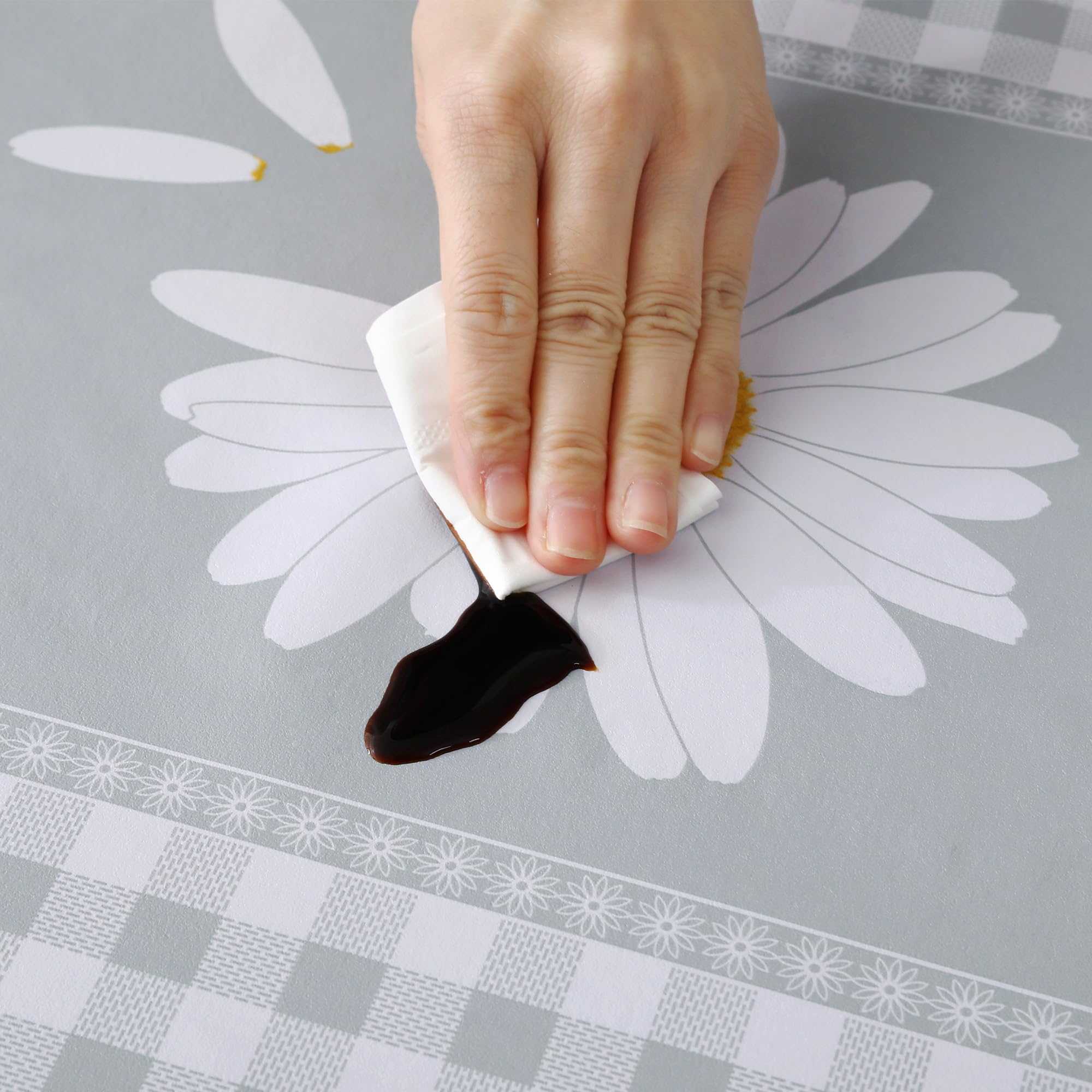 Rayapot Tovaglia Plastificata Rettangolare 140×180cm,Tovaglie in Plastica PVC Lavabile Impermeabile e Antimacchia,Facile da Pulire,Copritavolo per Cucina e sala da Pranzo-Griglia di Crisantemo Grigio