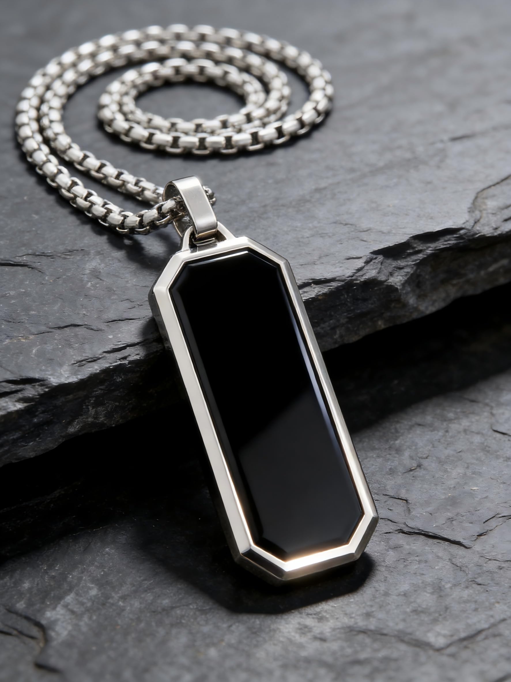 Black Dog Tag Necklace for Men Stainless Steel Rectangular Pendant with 27.55 Inches Box Chain Simple Geometric Jewelry Gift (Pack of 1)