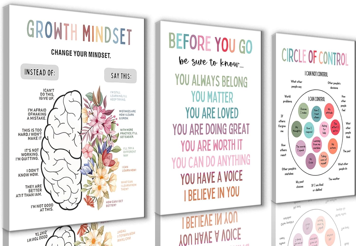 3Pcs Mental Health Wall Art Motivational Wall Decor For Therapy Office,Change Your Mindset Change Your Life Canvas Print Painting Picture for Classroom,Home,Growth Mindset Gift 12x16in Framed