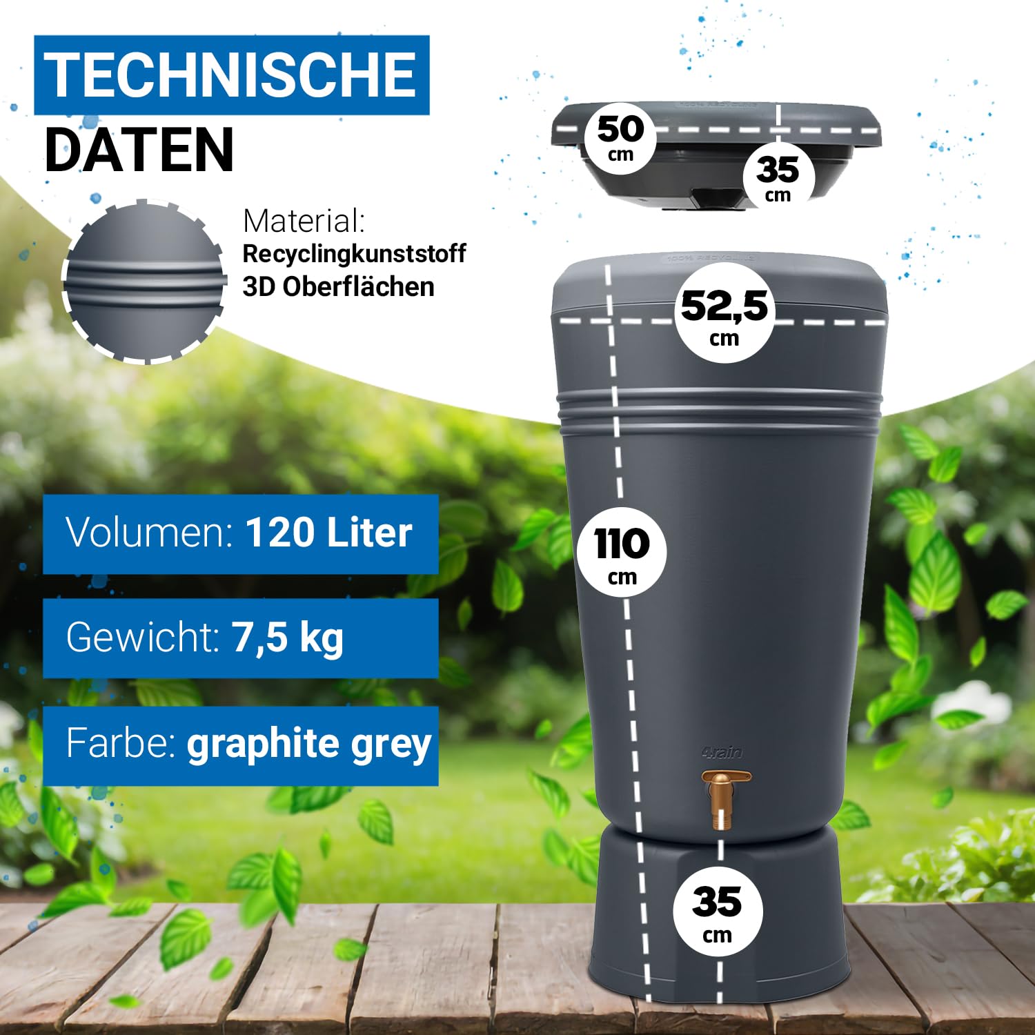 4rain Azura 2in1 Regentonne 120 Liter Graphite Grey inkl. Pflanzschale | und Unterstand, Regenfass mit Hahn, schmale Regenwassertonne in anthrazit, moderner Wassertank für den Garten als Wasserfass