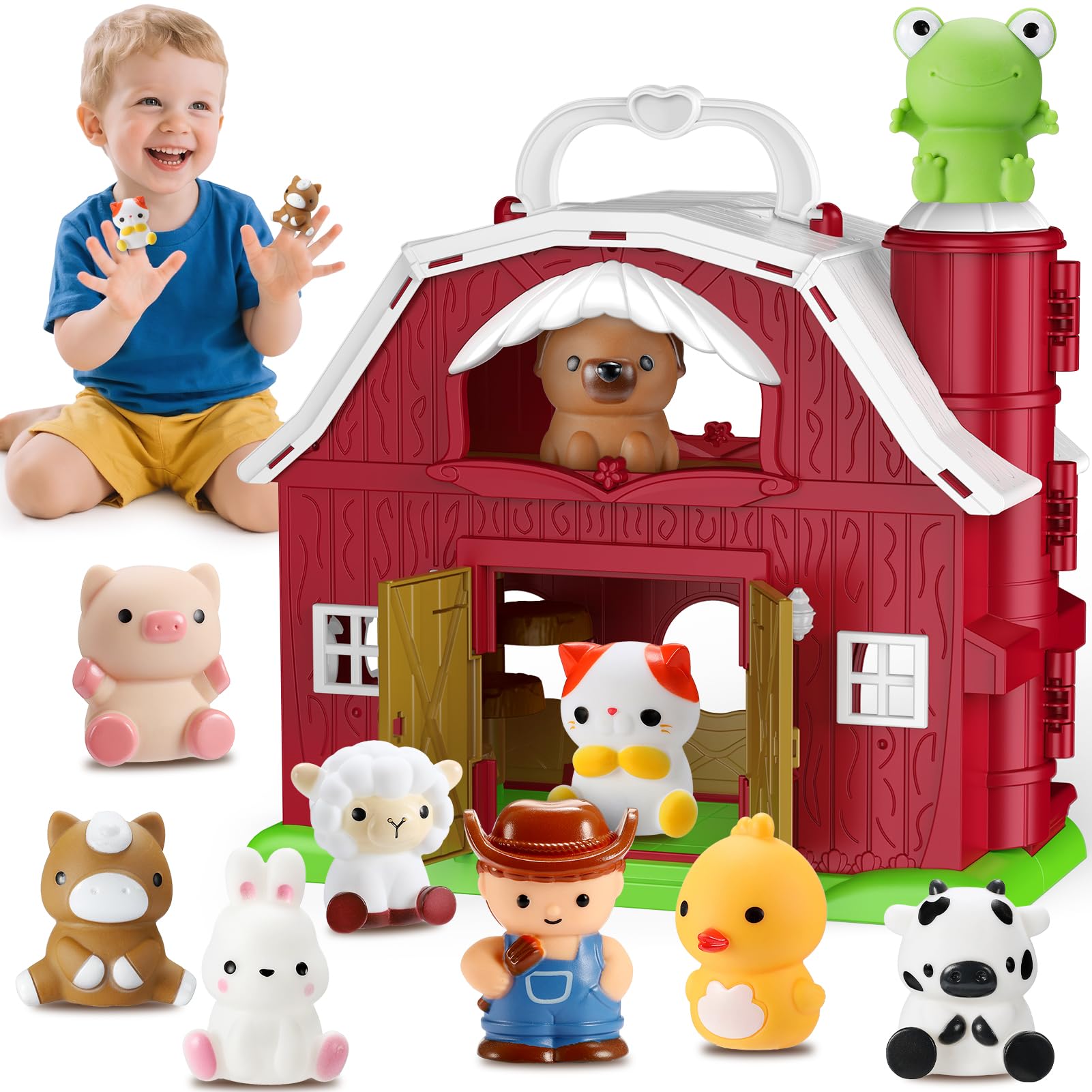 HappyKidsClub Juguete Granja Montessori Bebés 1-4 Años, Set Granja Interactiva - Granero Desplegable con 9 Animales y Granjero - Juguete Educativo Seguro para Niños - Ideal Regalo Bebés