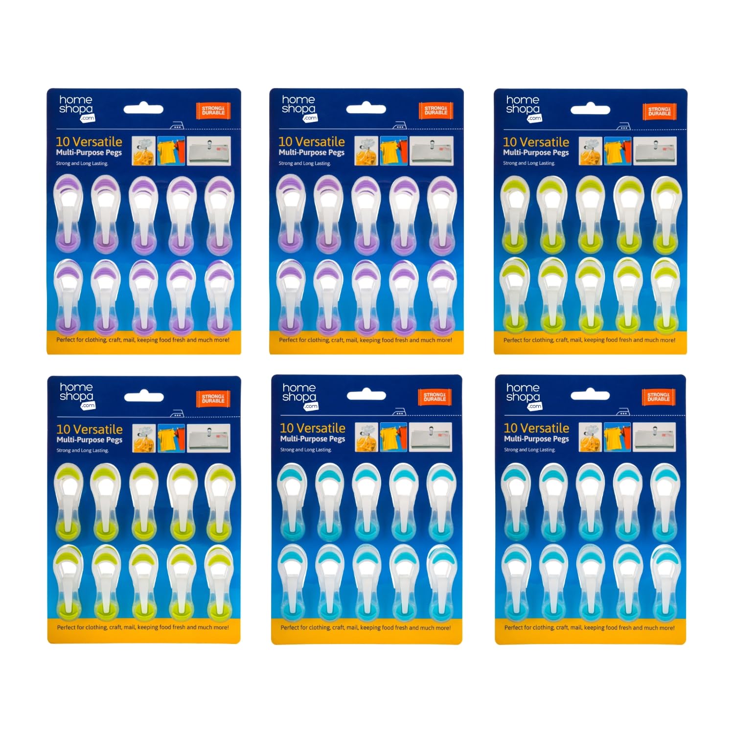 HOMESHOPA Premium Soft Grip Clothes Pegs (60 Pack) - Blue, Green or Purple - Modern Style - UV Stable Polymer & Rubber Material, Versatile Multi-Purpose Premium Pegs