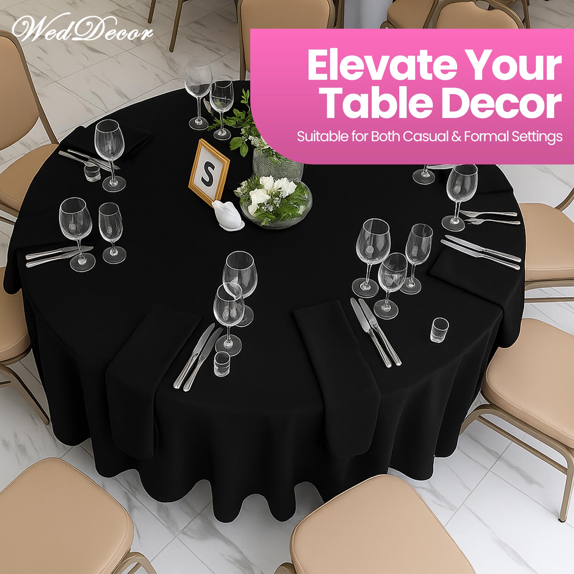 Weddecor Mantel redondo de algodón y poliéster, 120 pulgadas, mantel circular de lino de primera calidad, mantel de tela lavable para bodas, fiestas, mesa de comedor, banquetes, negro, 10 unidades