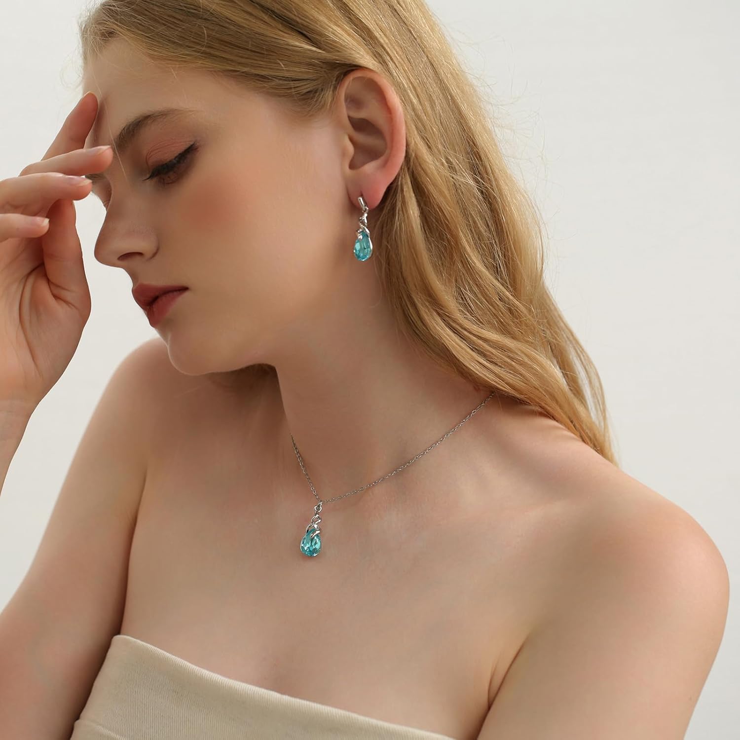 Teardrop Crystal Jewelry Set, Birthstone Pendant Necklace Drop Dangle Earrings for Women - Image 3