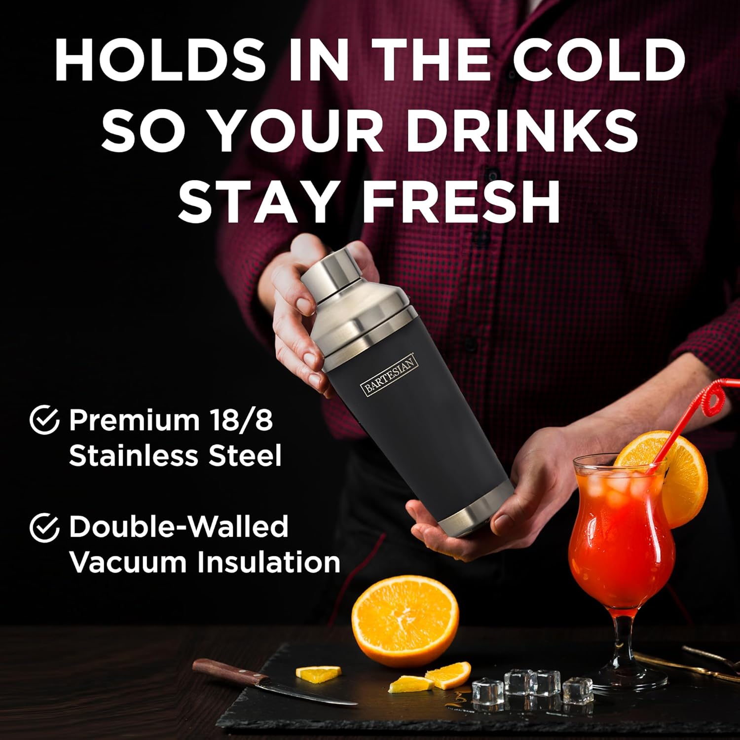 Bartesian Insulated Cocktail Shaker - Double Walled Vacuum Insulated Home Bar Shaker Cup with Built-In Strainer & Drinking Lids - Stainless Steel Mixed Drink Shaker for Martini, Margarita