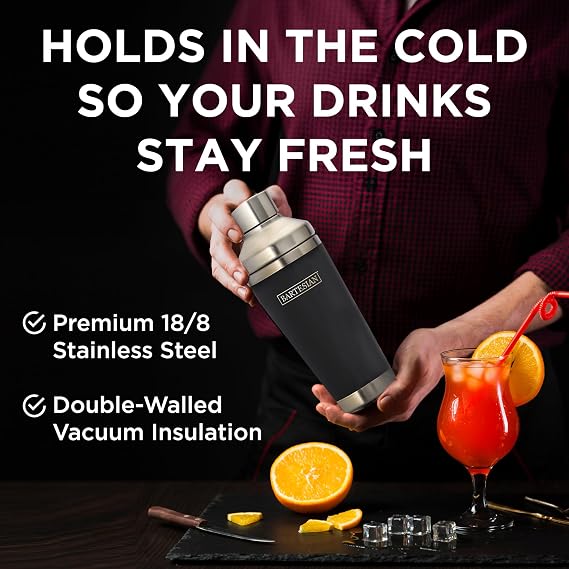 Bartesian Insulated CocktailShaker - Double Walled Vacuum Insulated Home Bar Shaker with Built-In Strainer & Drinking Lids
