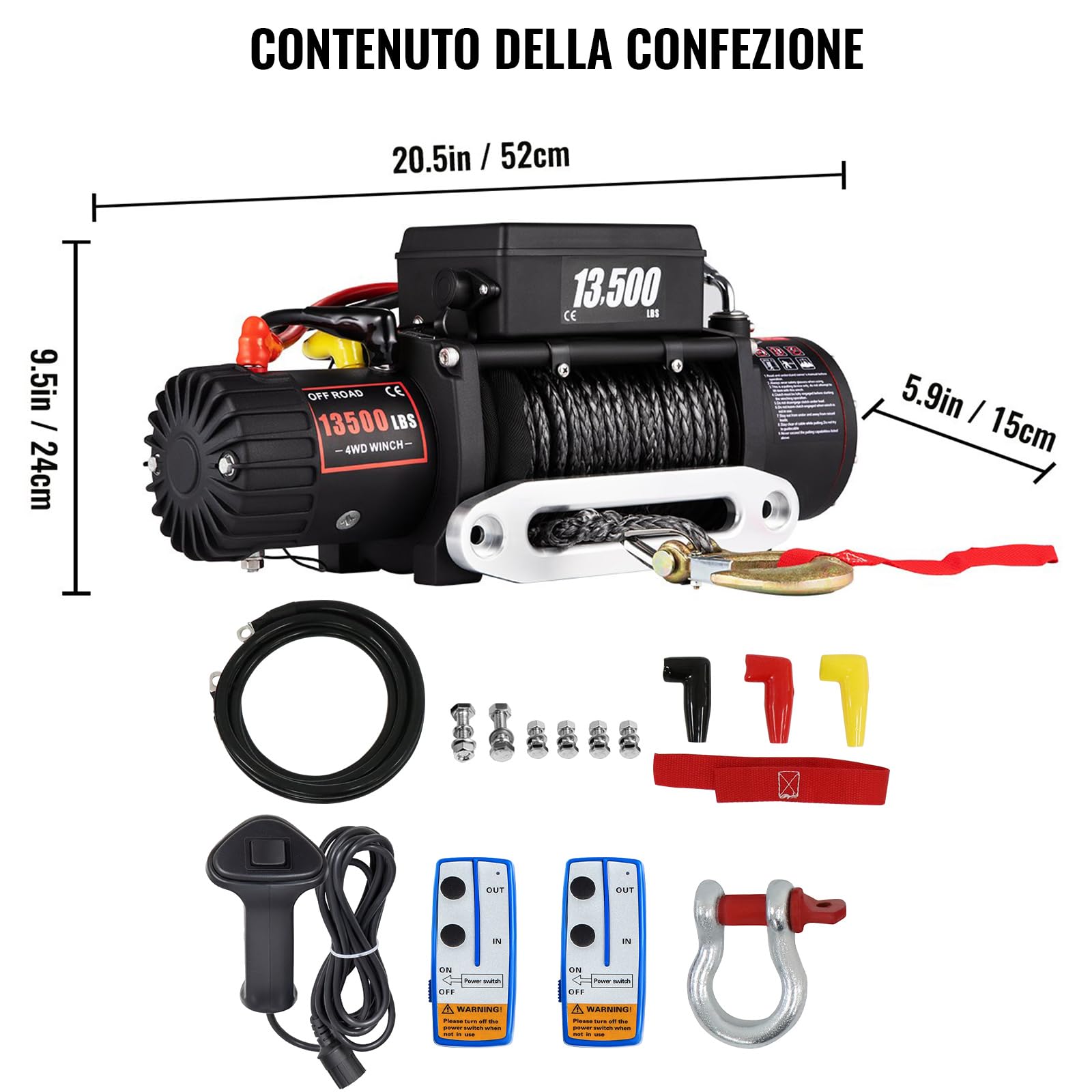 Verricello Elettrico 12 V 13500lb/6123kg CC con Cavo, IP68 Verricello Elettrico con 24m Corda Sintetica e Telecomando wireless×2, per carri rimorchi, fuoristrada, 4 x 4 veicoli,Traino UTV ATV