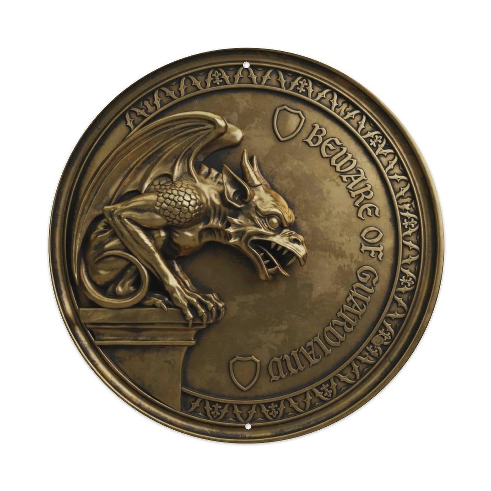 Gothic Brass Gargoyle Beware Of Guardian Round Metal Tin Sign Plaque