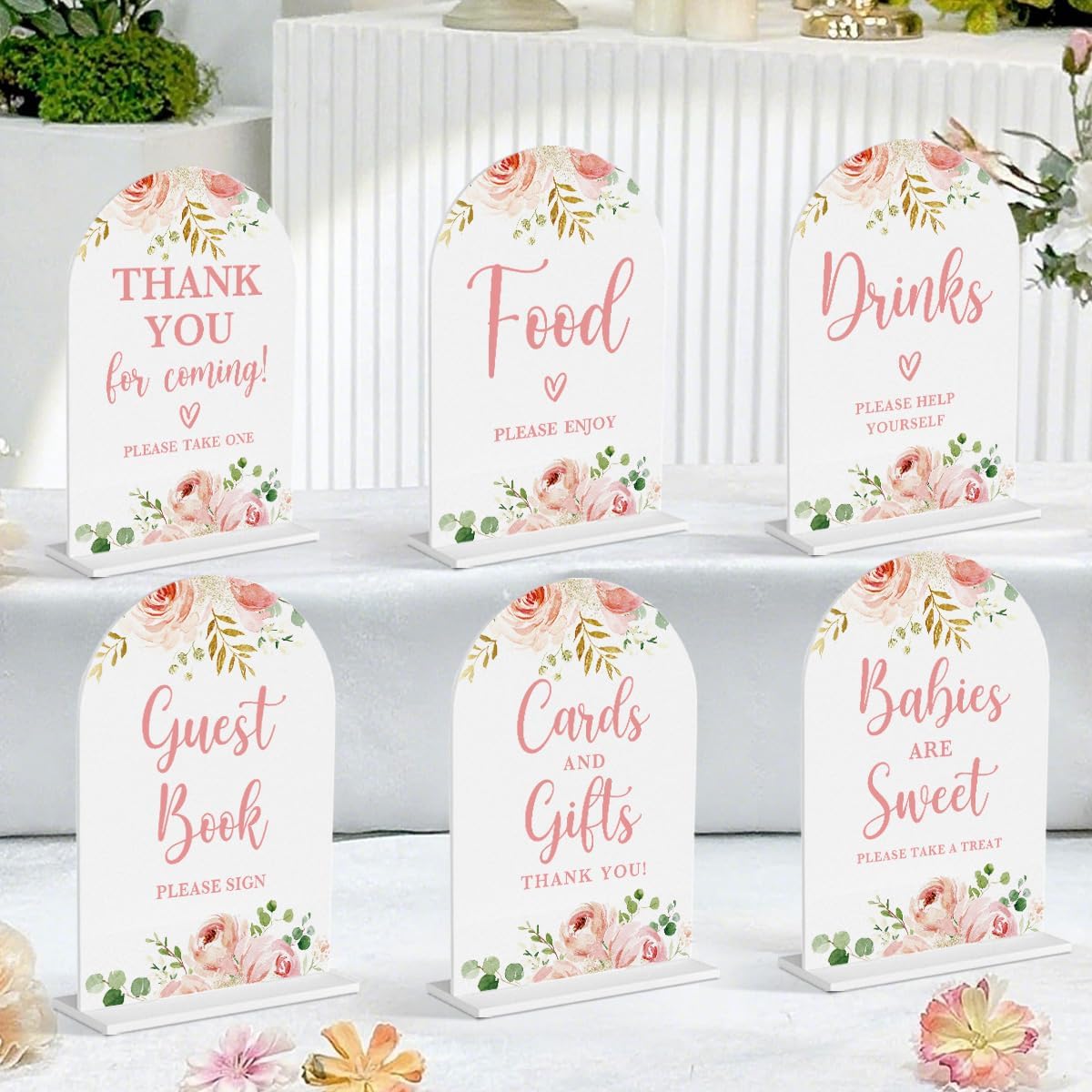 6 pcs baby in bloom shower decorations, baby shower sign, newborn gifts, cards and gifts signs, modern arched acrylic table top signs with stand for birthday party decorations (white pink flower)