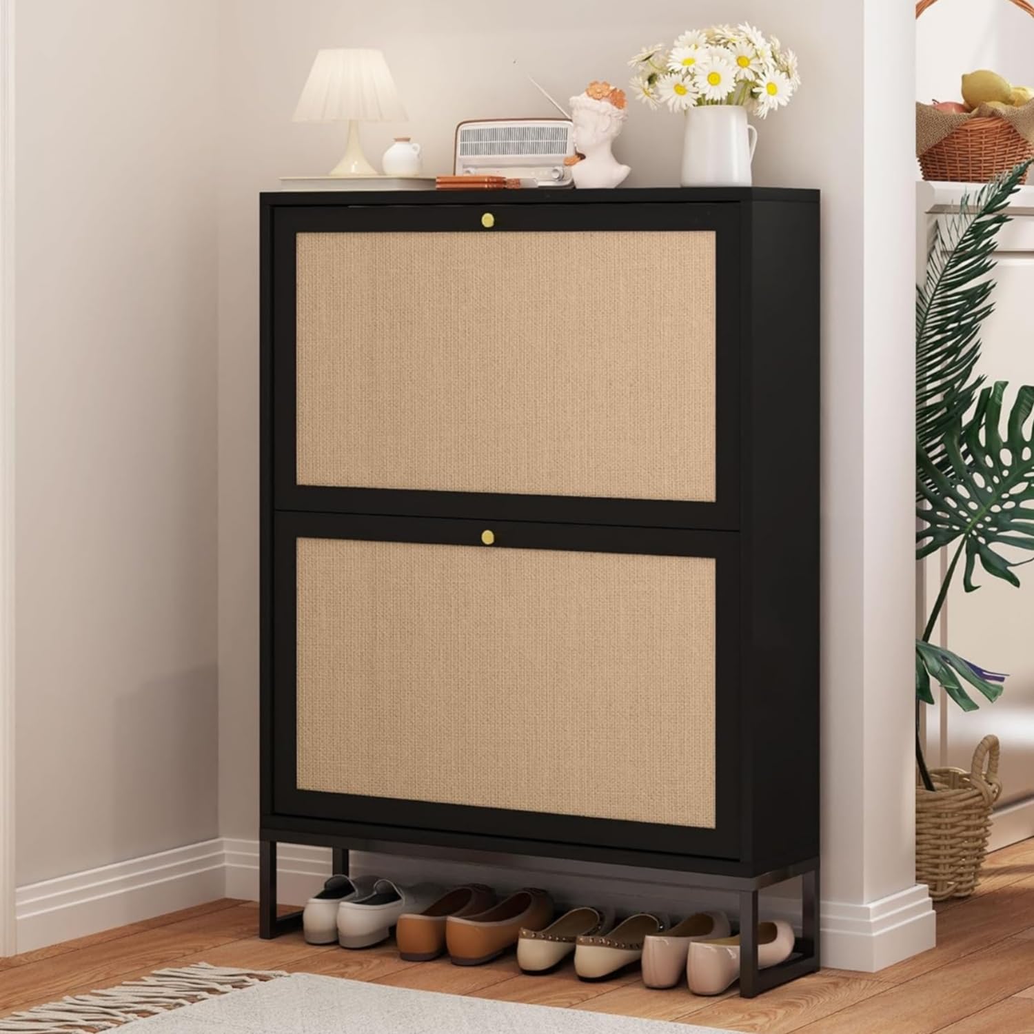 AVZEAR Narrow Shoe Cabinet with 2 Flip Drawer, Freestanding Shoe Organizer Shoe Cabinet Storage for Entryway, Slim Shoe Storage Shoe Rack for Closet with Linen Doors in Hallway, Living Room(Black)