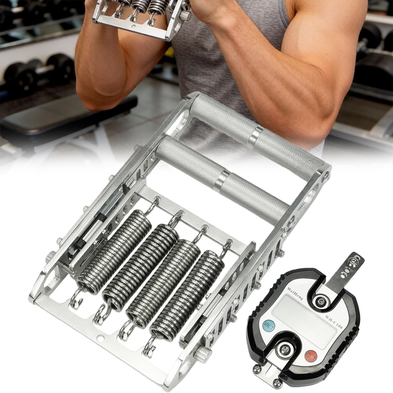 Trener siły chwytu, równoległy trenażer dłoni z 4 sprężynami o wysokiej wytrzymałości, cyfrowy dynamometr ręczny 150 kg, stal nierdzewna 304, antypoślizgowe uchwyty, trening mięśni palca/nadgarstka