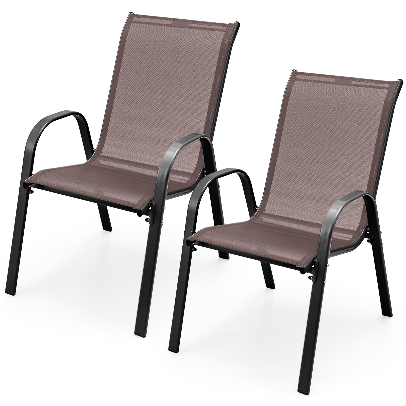 COSTWAY Patio Dining Chairs Set of 2, Stackable Outdoor Chairs with Armrest and High Back, Breathable Fabric & Metal Frame Chair for Garden Poolside Backyard Deck (Brown)