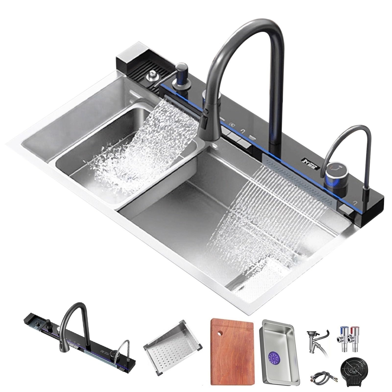 ZQFHSX Silver Smart Kitchen Sink Two Waterfalls Stainless Steel Vegetable Wash Basin With Various Accessories(68 * 46CM)