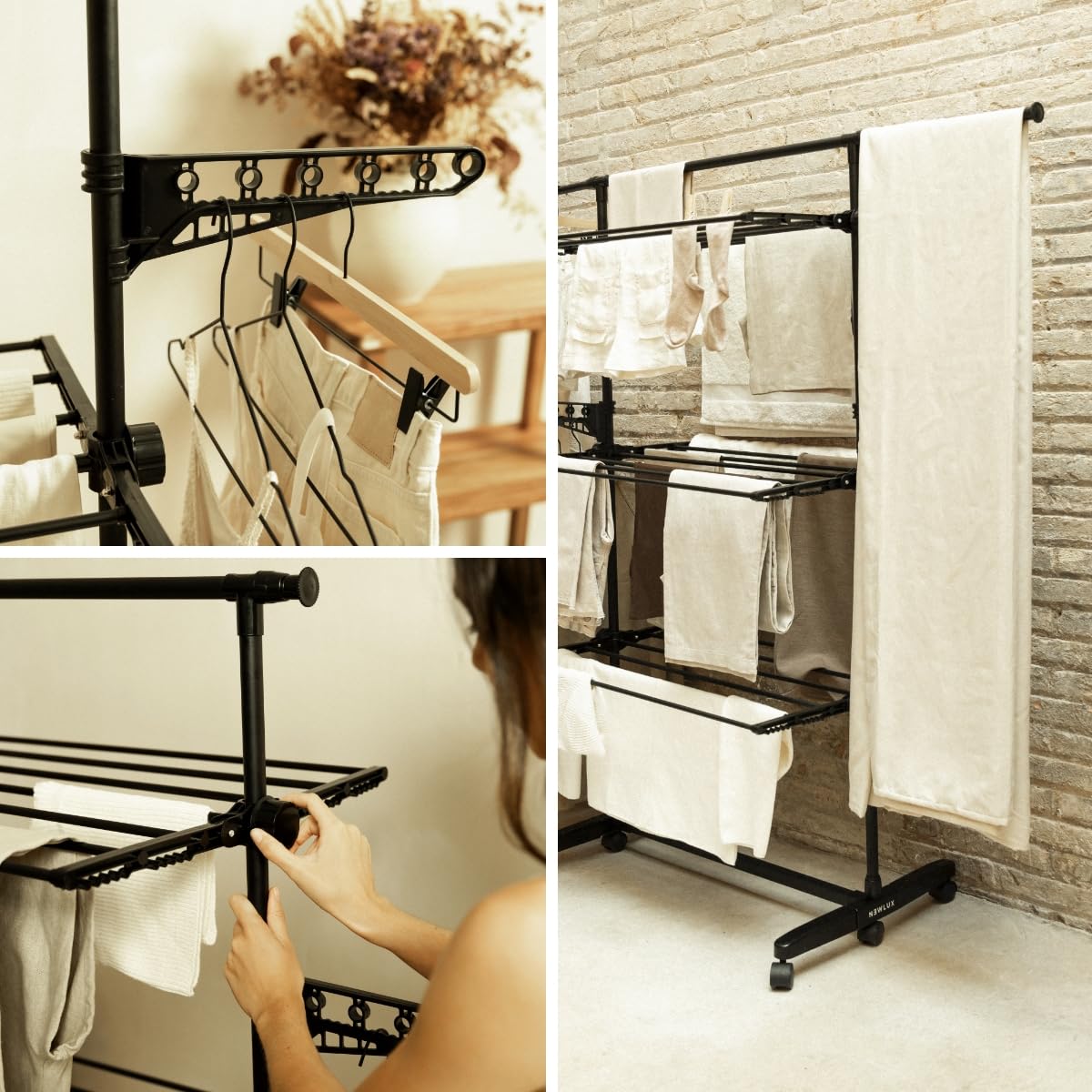 NEWLUX- Wäscheständer ausziehbar Fold Care V60 XXL Schwarz mit Rollen, 5 Doppelebenen und 18–21 m Wäscheleine. Clothes Drying Rack mit Halterung für Kleiderbügel und 1,5 m Lange Kleidungsstücke