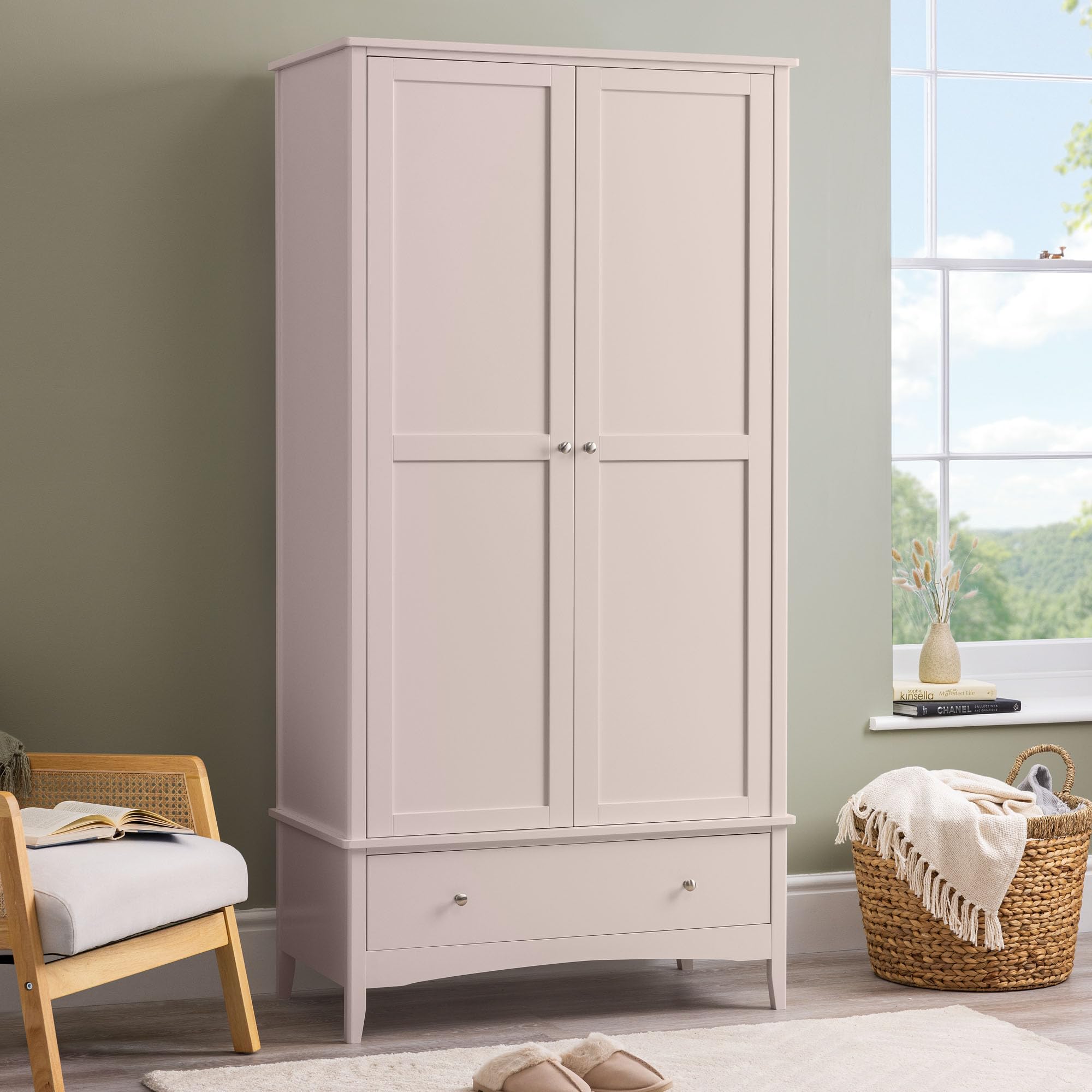 CHRISTOW Pink Double Wardrobe with Drawer, 2 Door Storage Organiser Cupboard, Modern Wooden MDF Bedroom Furniture, Clothes Rail, Shelf, Brushed Chrome Handles, Soft Shut Hinges, 185cm x 94.5cm x 50cm