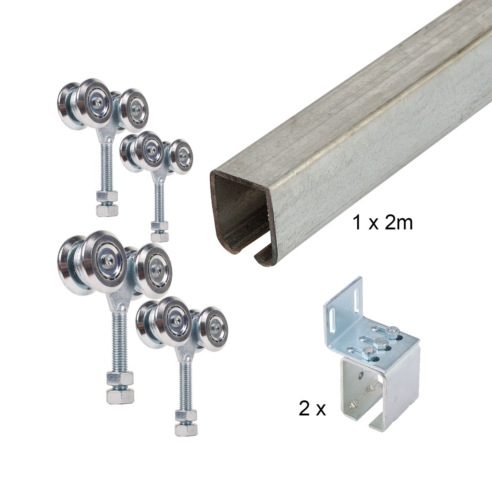 ATTAS Basic Line - Rueda para puerta corredera colgante (hasta 75 kg, con fijación a la pared, 4 carros, 2 m pieza(s), galvanizado, con rodamiento de bolas, ATTAS Basic Line (2 m, incluye 2 soportes)