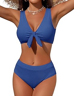 Wiepux Women’s High Waisted Textured Bikini Set, Bow Front Two Piece Swimsuit, Ribbed Tummy Control Bathing Suit Price In India