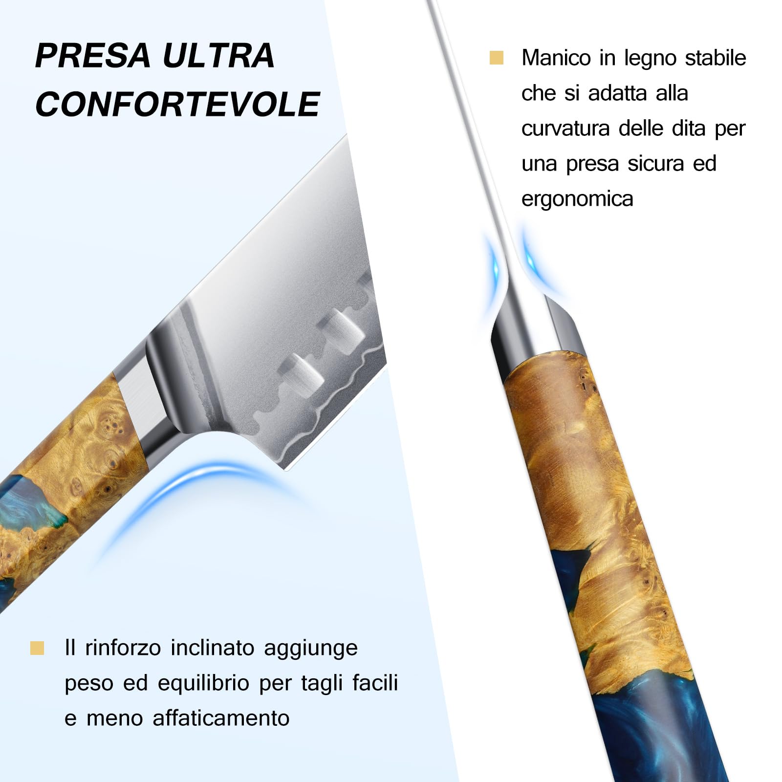 FINTISO Coltello Santoku da 18 cm, Coltello da Chef Giapponese Ultra Affilato con Nucleo in Acciaio in Polvere S35VN, 7 Strati di Acciaio Laminato, Manico in Resina Celeste e Legno Stabilizzato