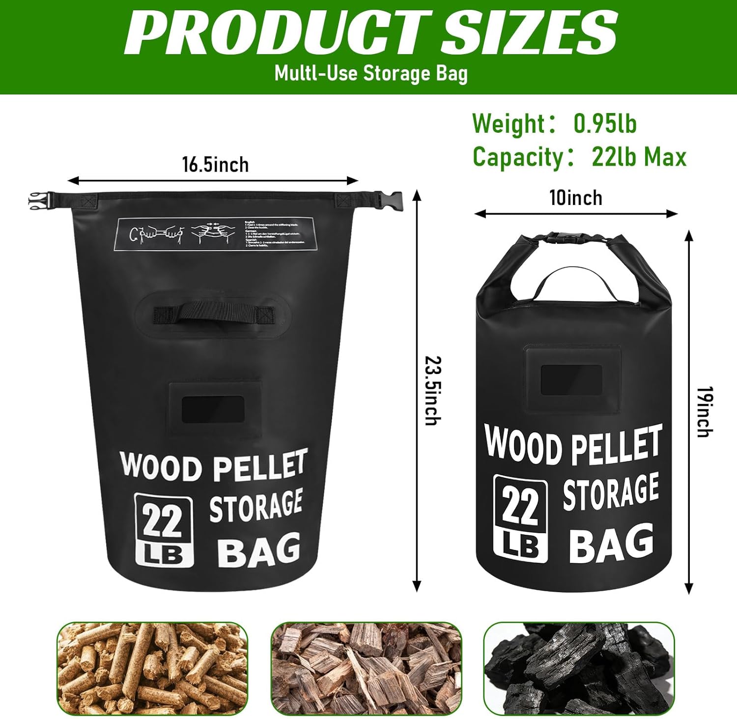 2PCS 22LB Waterproof Wood Pellet Storage Bag - Dual Handles, Label Pocket, Portable BBQ Wood Pellet Bin Storage Containers, Stay Dry Pellet Grill Accessories for Fuel, Charcoal, Wood Chips