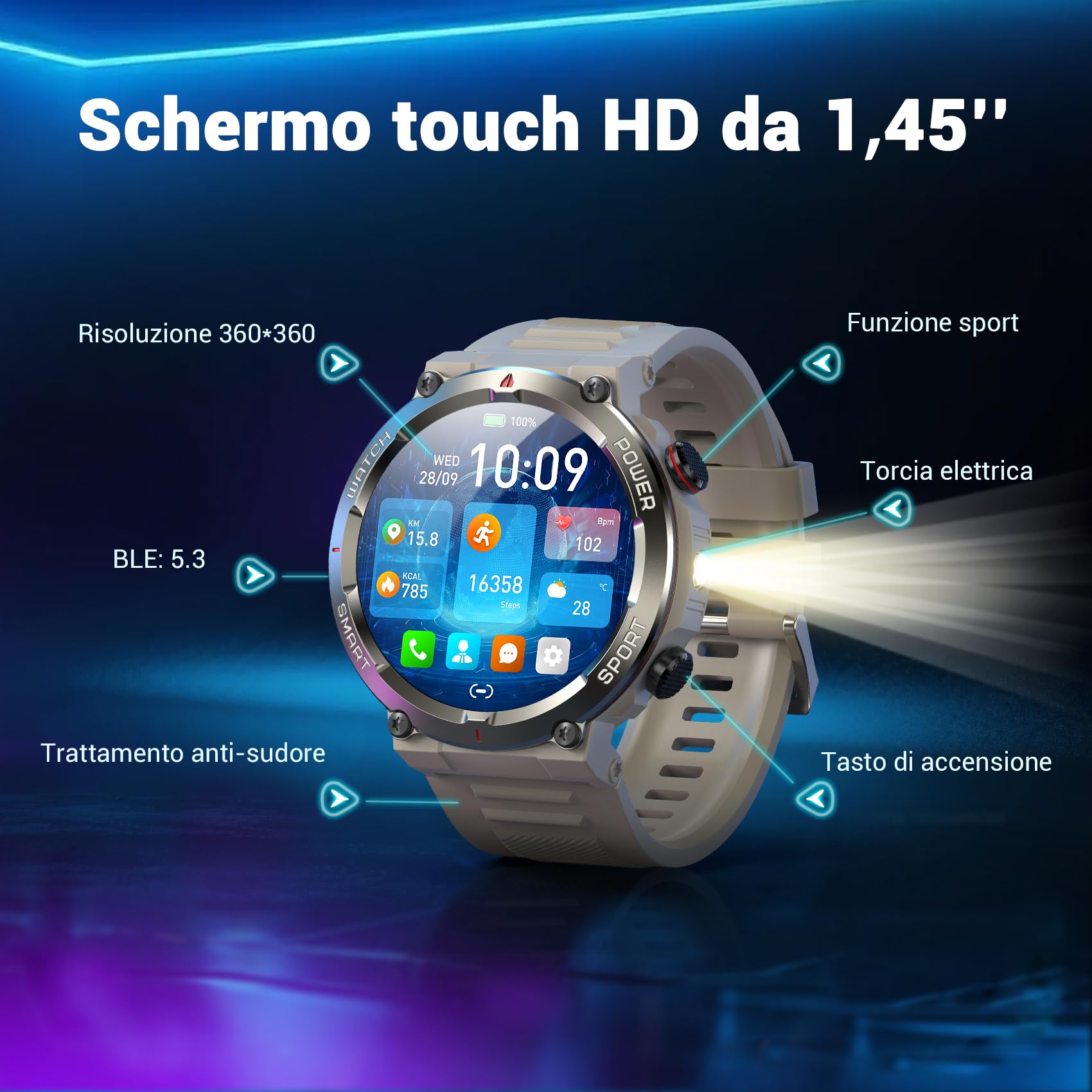 Blackview Smartwatch Uomo, Orologio Intelligente Fitness con Chiamate Bluetooth,1.45" Militari Smart Watch Tracker 100+ Modalità Sportive per Cardiofrequenzimetro,SpO2, Torcia,Bussola per Android iOS