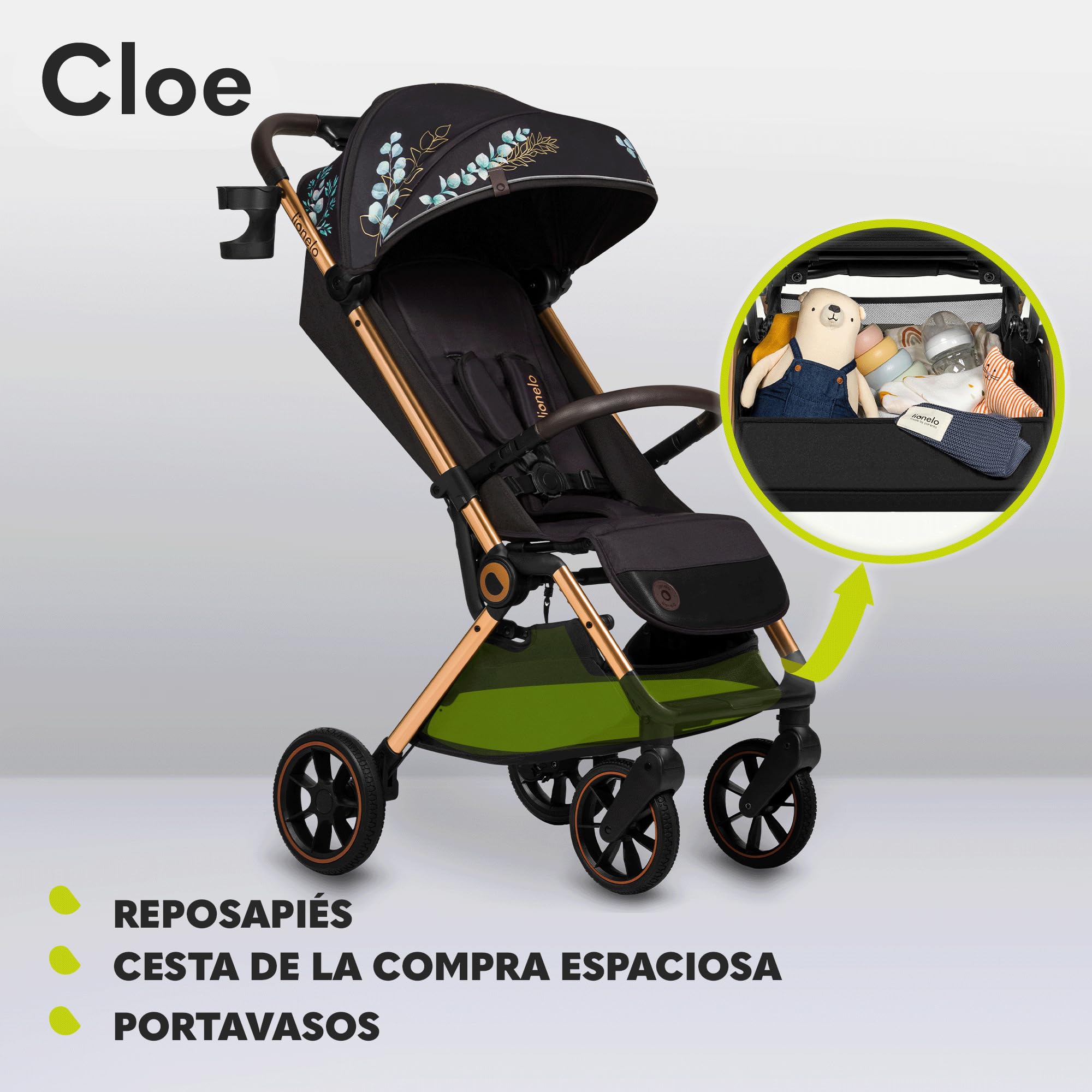 LIONELO Cloe Cochecito Plegable hasta 22 kg, Respaldo Ajustable Función Dormir, Arnés de 5 Puntos Ruedas Portavasos Ligero Compacto Impermeable, sillita, silla paseo ligera (golden moments) | Plegado compacto, arnés de 5 puntos, respaldo ajustable, ruedas