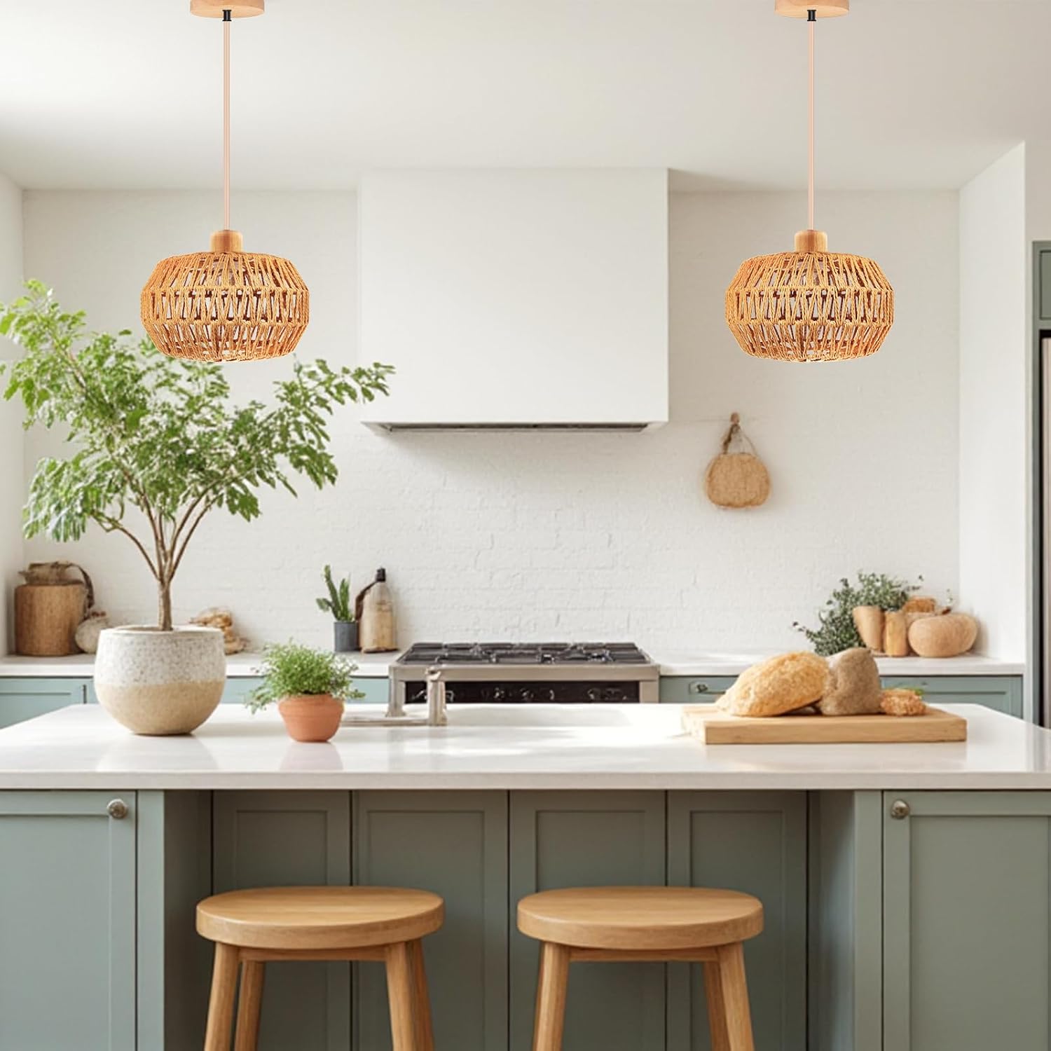 Bohemian Pendant Light 12.6in Rattan Pendant Light | Handcrafted, Height Adjustable Design Perfect for Living Room, Kitchen, Farmhouse, Hallway, Dining Room & Bedroom