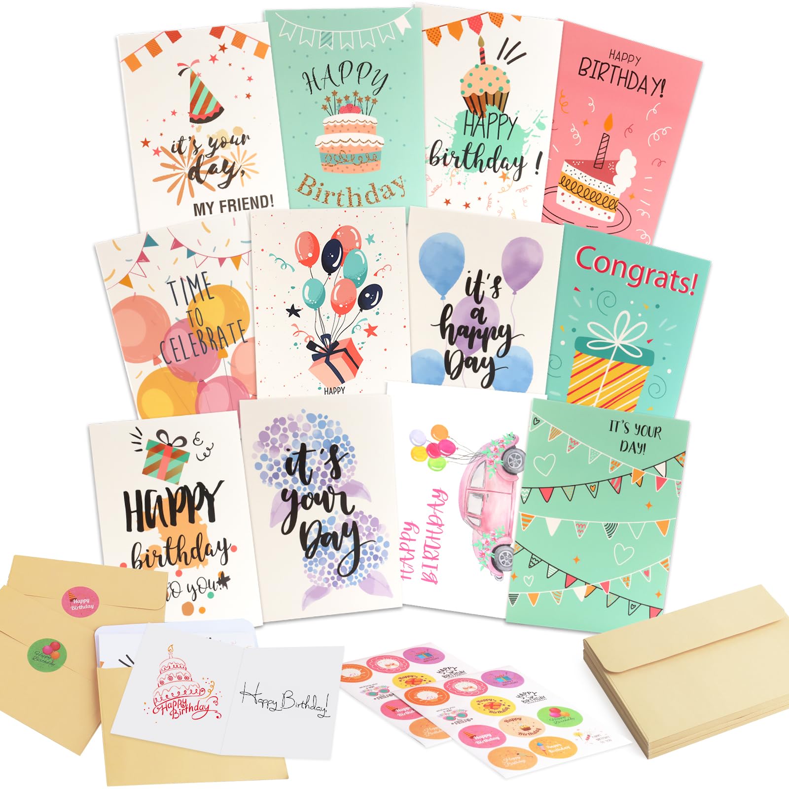 FAMCUCHE Lot De 20 Carte Anniversaire Avec 20 Enveloppes Supplémentaires Et 2 Autocollants, Carte D'snniversaire Pliable, Carte D Anniversaire De Qualité Supérieure, Pour La Famille Et Les Amis