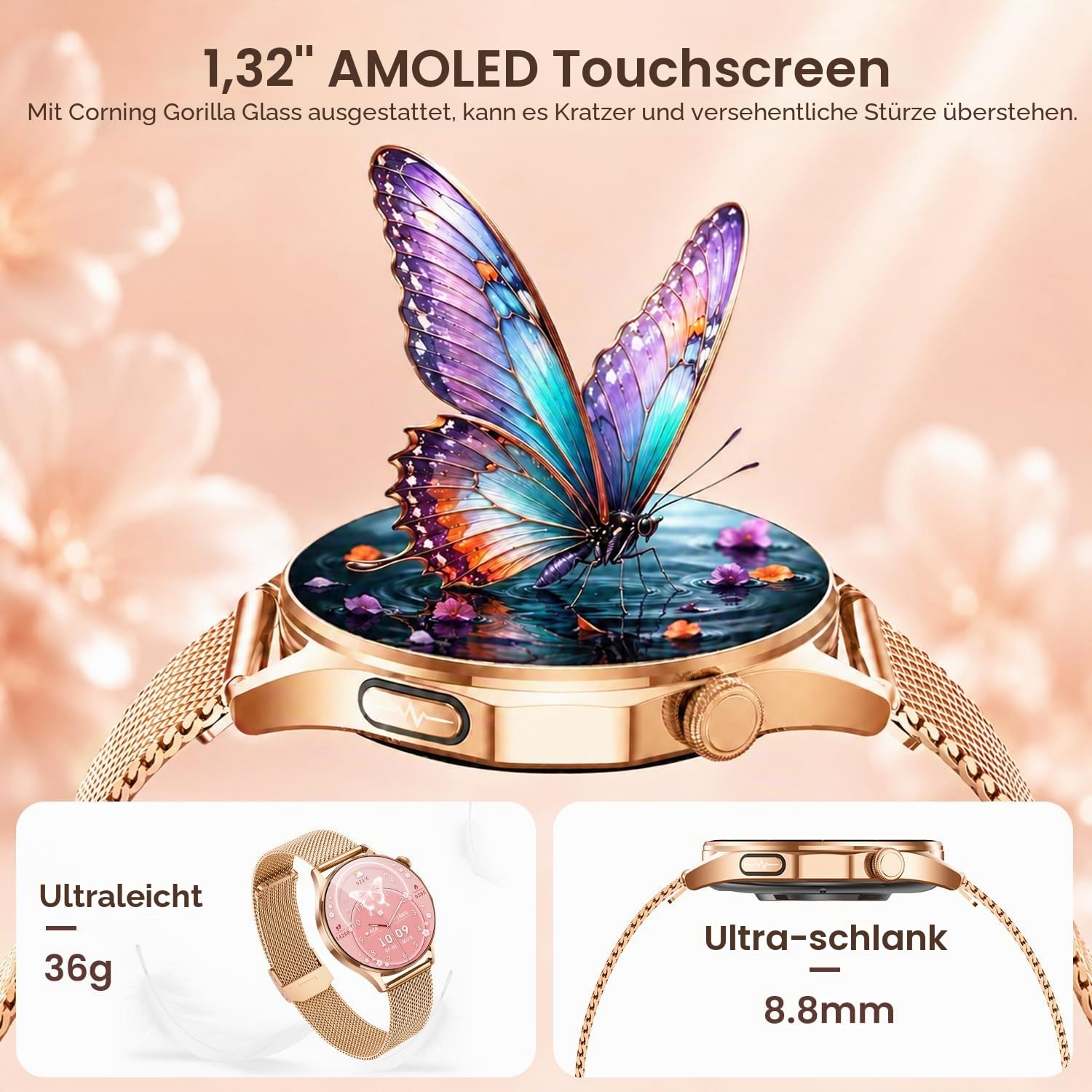 Smartwatch Damen mit EKG HRV Blutdruck: Damenuhr ECG PPG Smart Watch Uhr 1,32" Rund AMOLED Armbanduhr IP67 Wasserdicht Herzfrequenz Schrittzähler Telefonfunktion Digital Fitnessuhr für Android iOS
