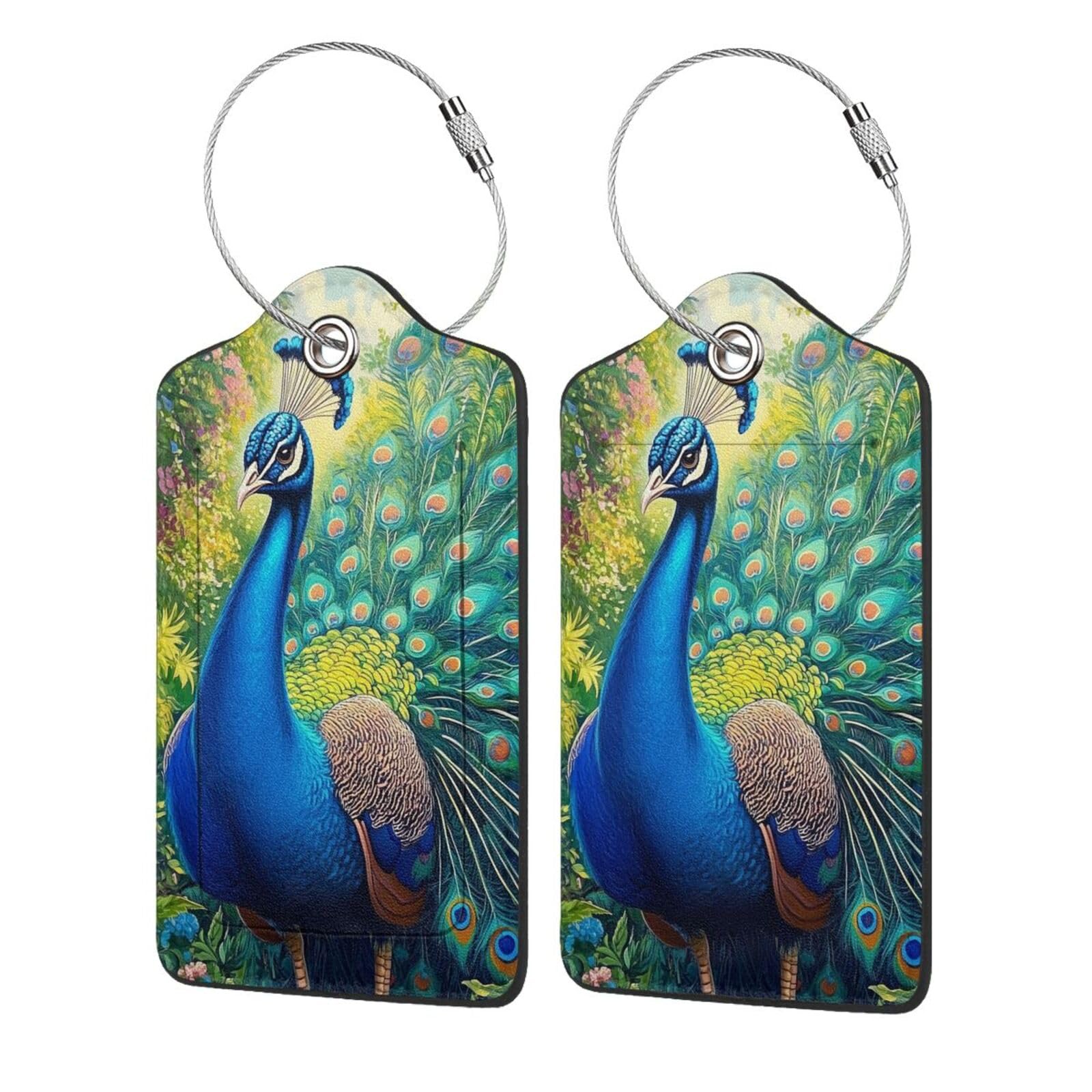 4 etiquetas de equipaje de piel sintética para maleta, pavo real, primavera, jardín, flores, plantas, etiqueta de equipaje con bucle de acero inoxidable, etiqueta de identificación para mujeres y