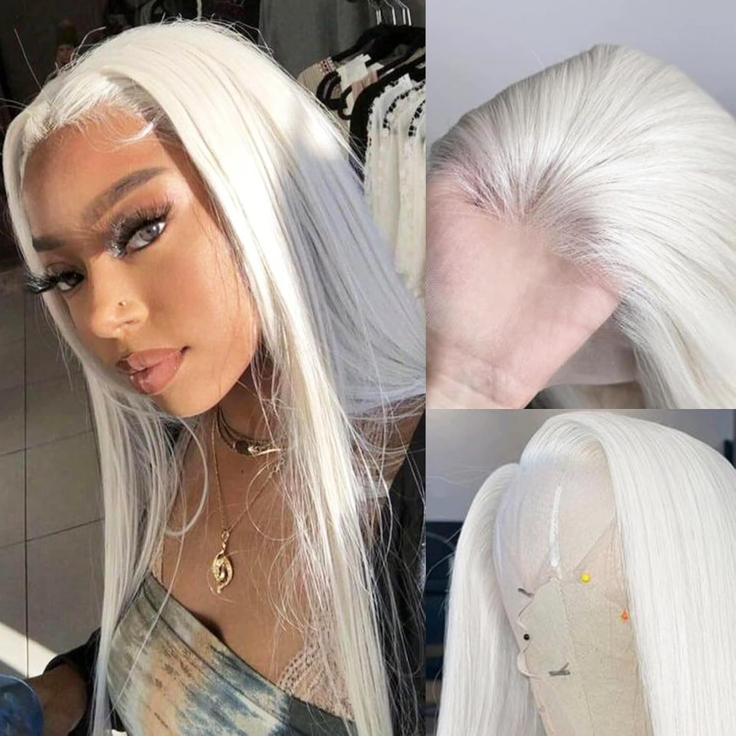 Photo 1 of Fugady 13x4 Glueless White Wig Straight Synthetic Lace Front Wig Pre Plucked 250 Density Hd Lace Wig With Baby Hair Heat Resistant Wigs For Women 26 inch Grey Silver Platinum Blonde Wig