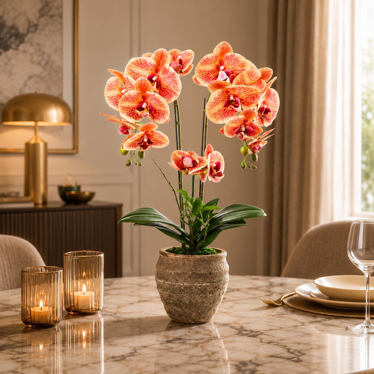 PASCH® Orchideen künstlich (60cm) in handgefertigtem Stone Cube Topf | Kunstblumen wie echt | künstliche Orchideen im Topf | künstliche Blumen im Topf | Kunstblume Orchidee (Orange)