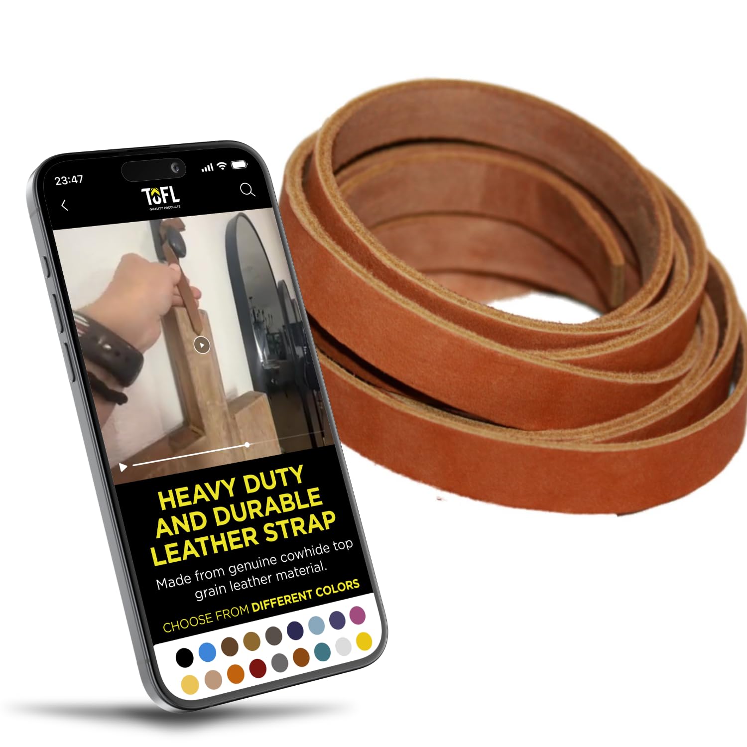 TOFL Genuine Leather Strap | 72” Long x 1/2” Wide x 1/16 Inch Thick (4-5 oz) | Leather Strips for Crafts, Belts, Jewelry & DIY Projects | Tan