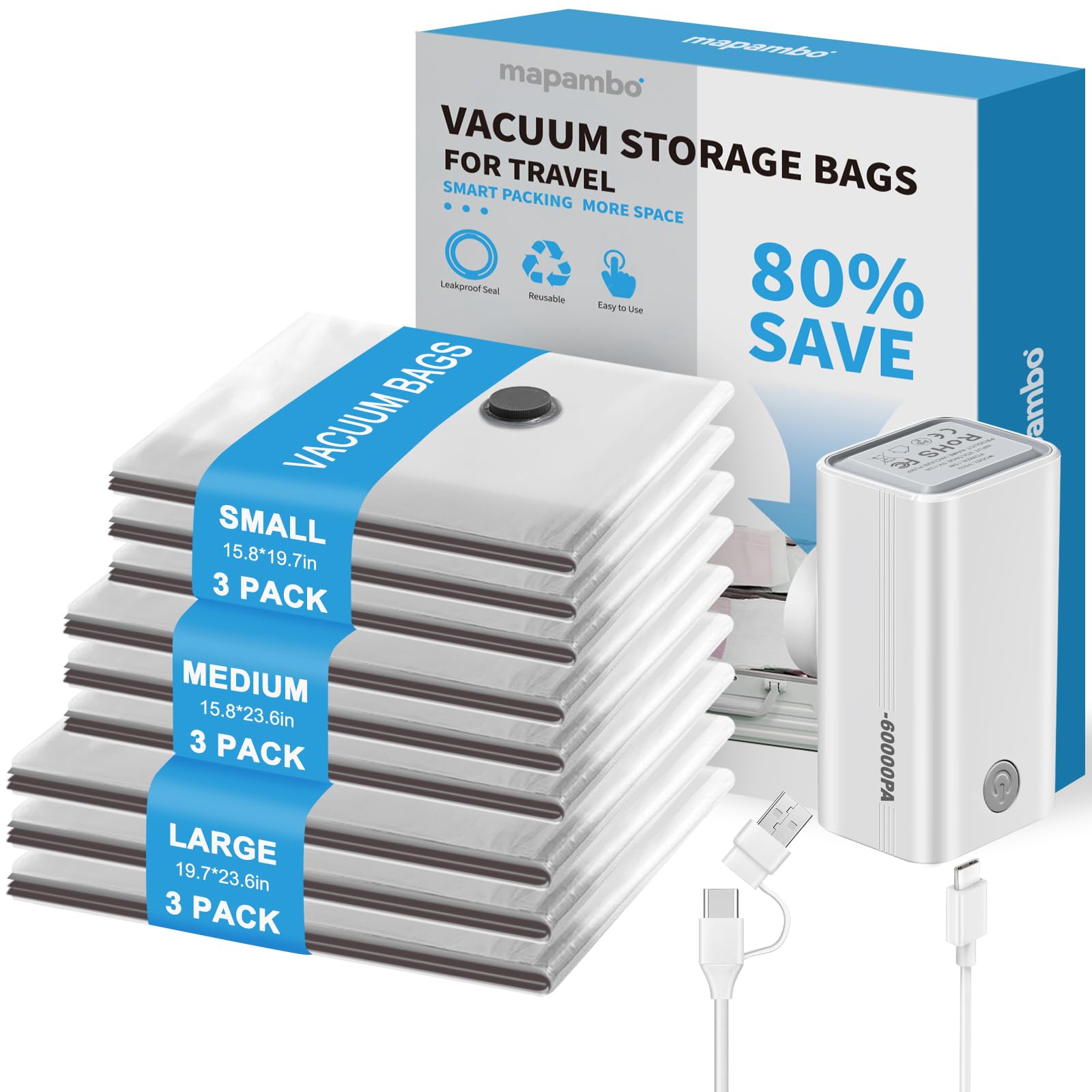 View 1 of **only 1 small pack bag AS WELL AS THE VACCUUM**Mapambo 9 Pack Vacuum Seal Bags with USB Pump