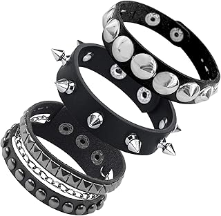 3 Pcs Punk Rock Studded Bracelet Set Spiked Leather Cuff Bracelet for Men Women 80s Wristband Emo Bracelet Adjustable - Buy now