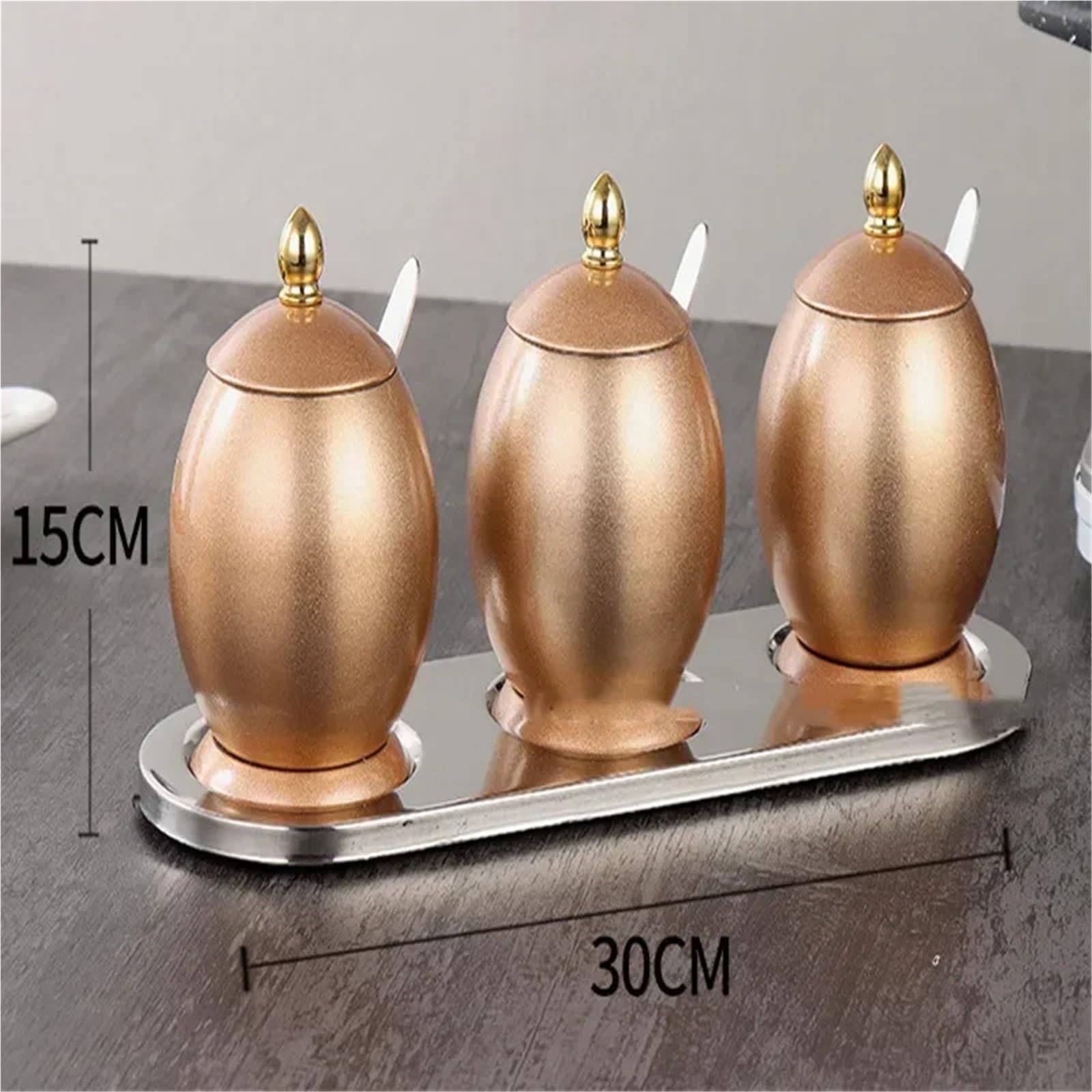 Boîte à épices en acier inoxydable Ensemble de pots d'assaisonnement en acier inoxydable, avec cuillère, boîte à épices Base pivotante, sel, accessoires cuisine(Golden-3 pcs set)
